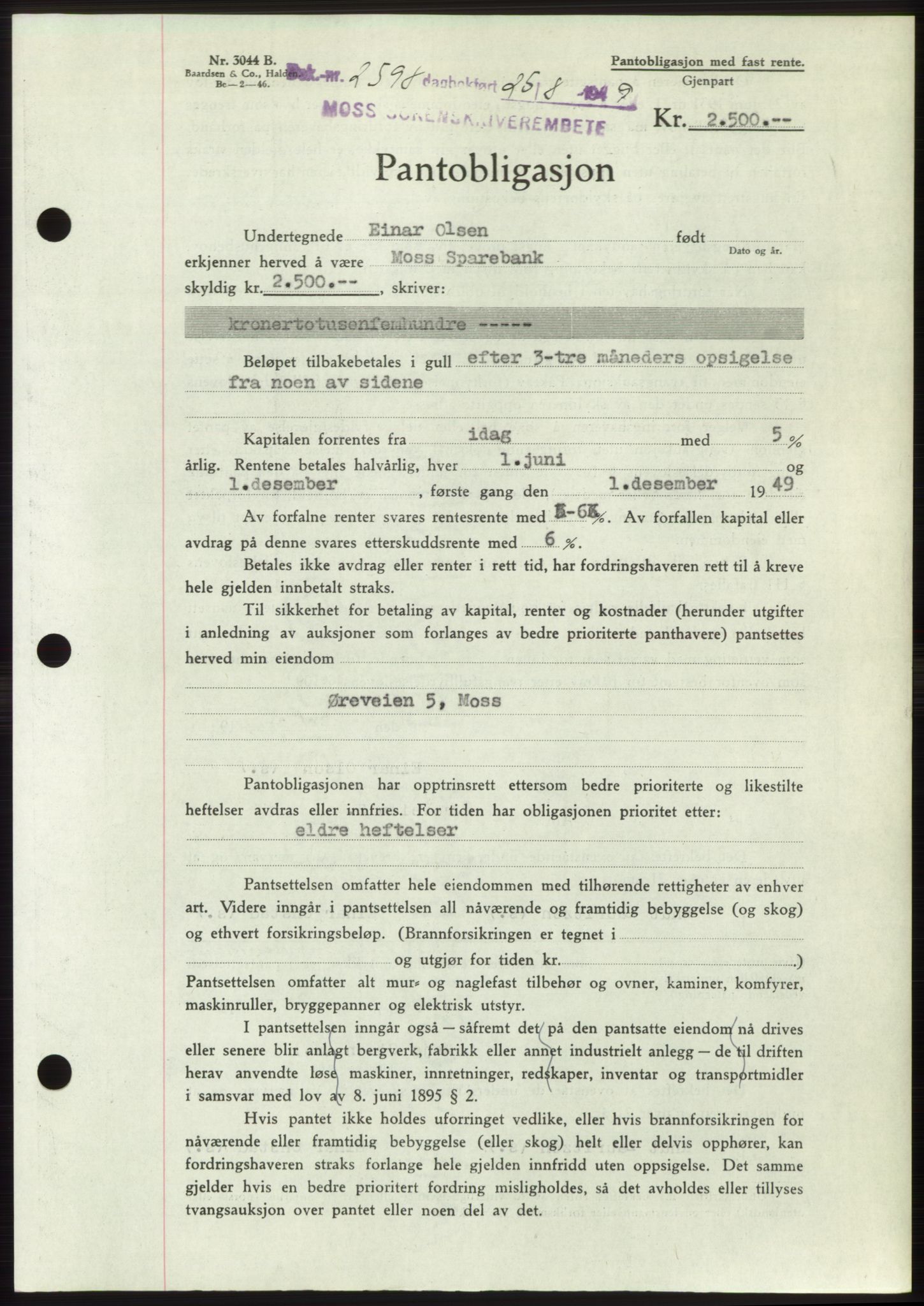 Moss sorenskriveri, SAO/A-10168: Pantebok nr. B22, 1949-1949, Dagboknr: 2598/1949