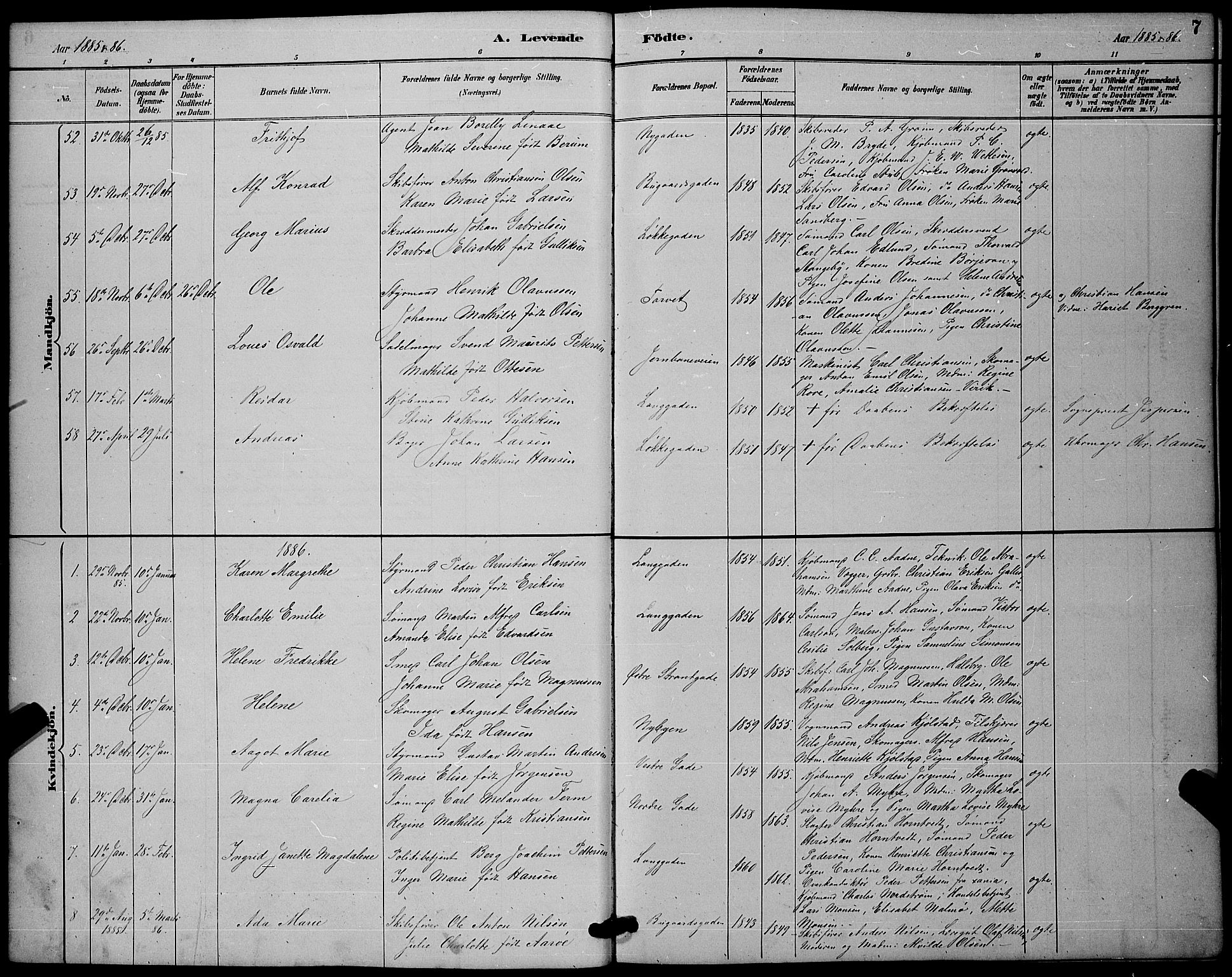 Sandefjord kirkebøker, AV/SAKO-A-315/G/Ga/L0001: Klokkerbok nr. 1, 1885-1903, s. 7