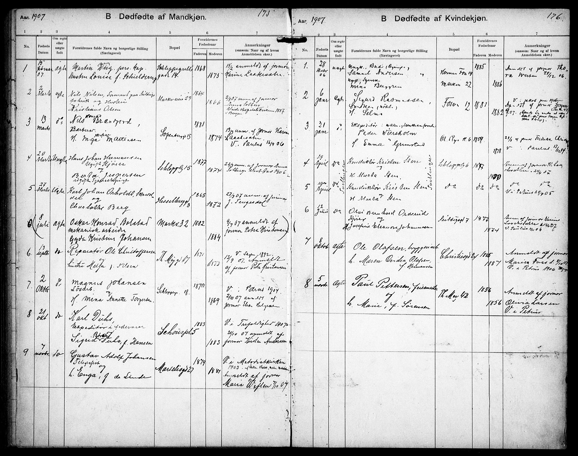 Paulus prestekontor Kirkebøker, AV/SAO-A-10871/F/Fa/L0018: Ministerialbok nr. 18, 1906-1915, s. 175-176