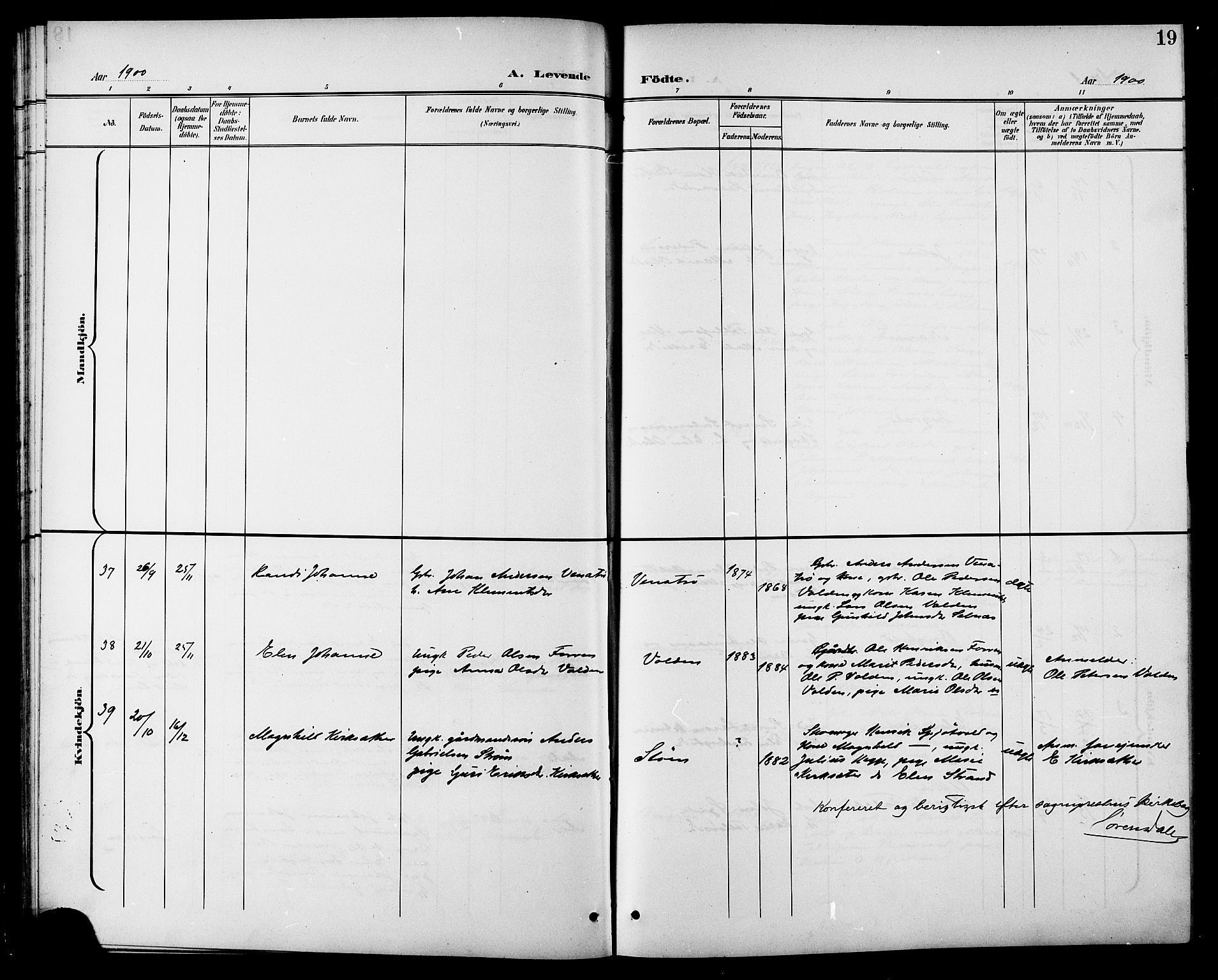 Ministerialprotokoller, klokkerbøker og fødselsregistre - Sør-Trøndelag, AV/SAT-A-1456/630/L0505: Klokkerbok nr. 630C03, 1899-1914, s. 19