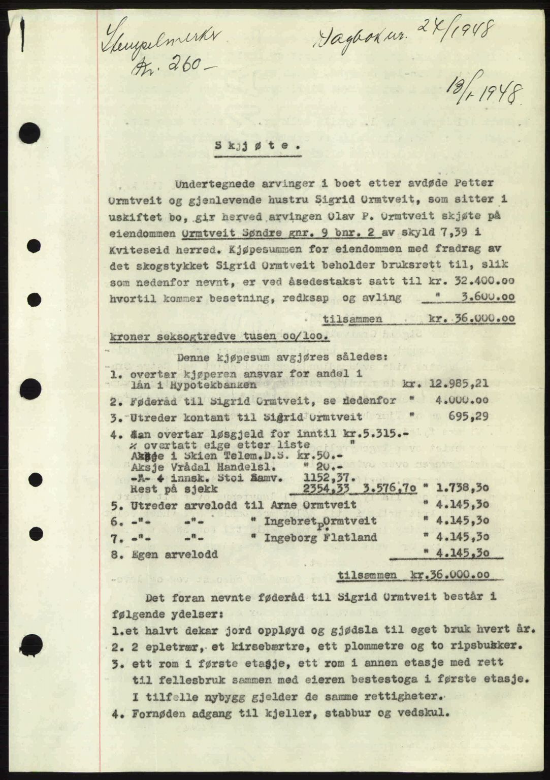 Vest-Telemark sorenskriveri, SAKO/A-134/G/Ga/Gac/L0008: Pantebok nr. A-8, 1947-1948, Dagboknr: 27/1948