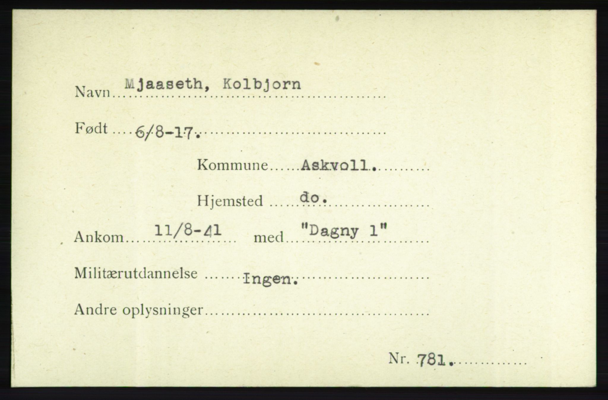 Forsvarets Overkommando. 2. kontor. Arkiv 8.1. Mottakersentralen FDE og FO.II, AV/RA-RAFA-6952/P/Pa/L0014: Mjåland - Nilseng , 1940-1945, s. 2