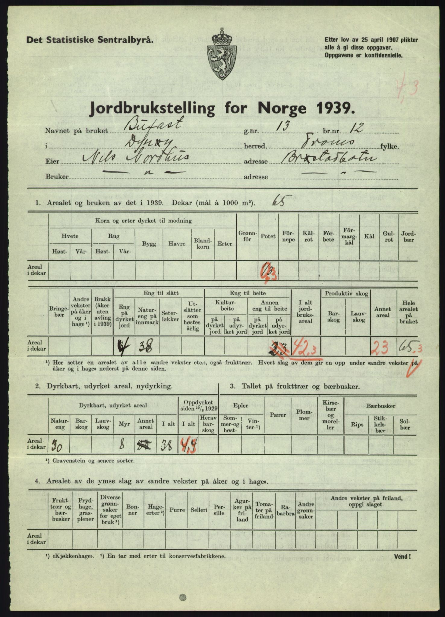 Statistisk sentralbyrå, Næringsøkonomiske emner, Jordbruk, skogbruk, jakt, fiske og fangst, AV/RA-S-2234/G/Gb/L0340: Troms: Salangen og Dyrøy, 1939, s. 1329