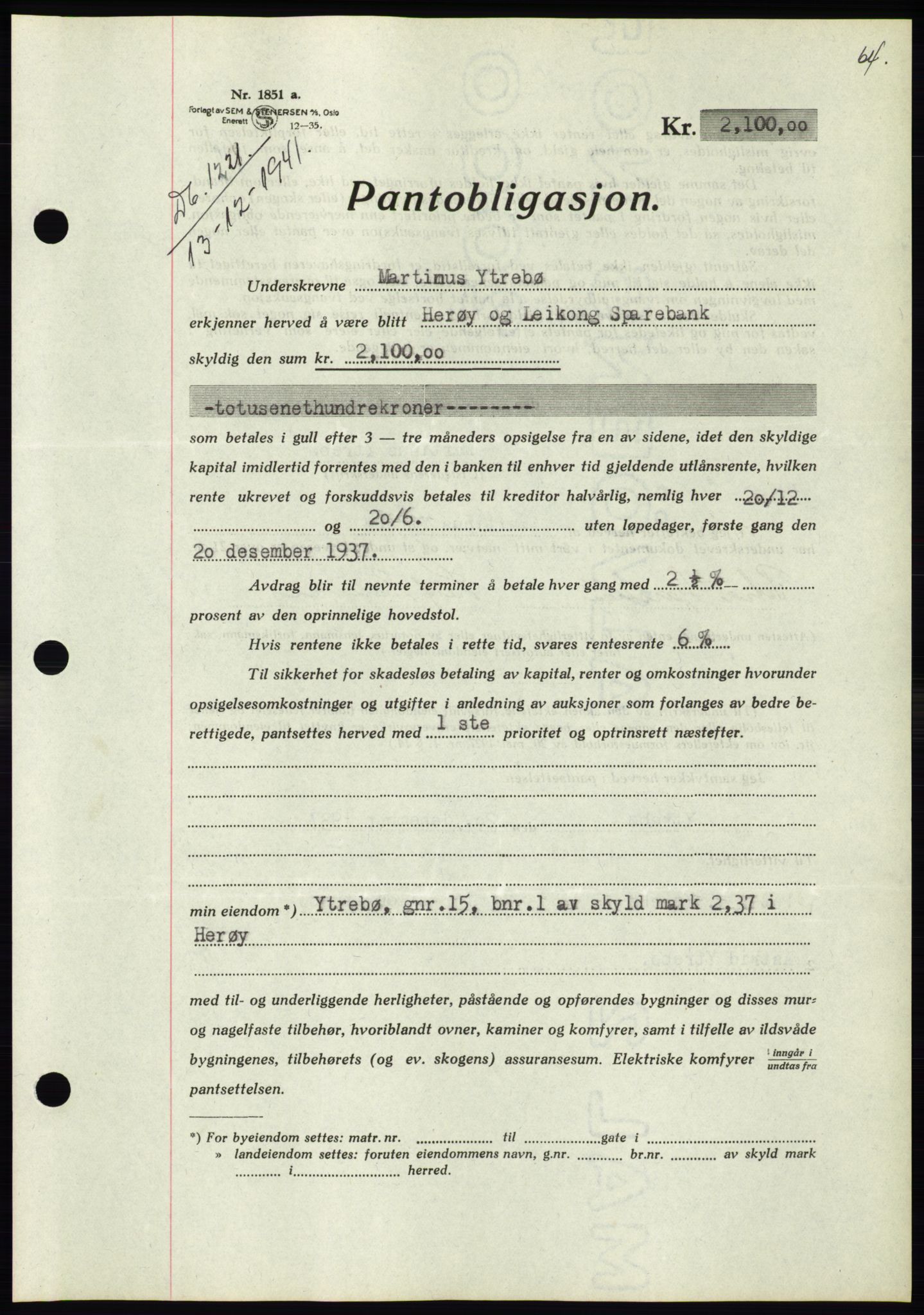 Søre Sunnmøre sorenskriveri, AV/SAT-A-4122/1/2/2C/L0073: Pantebok nr. 67, 1941-1942, Dagboknr: 1221/1941