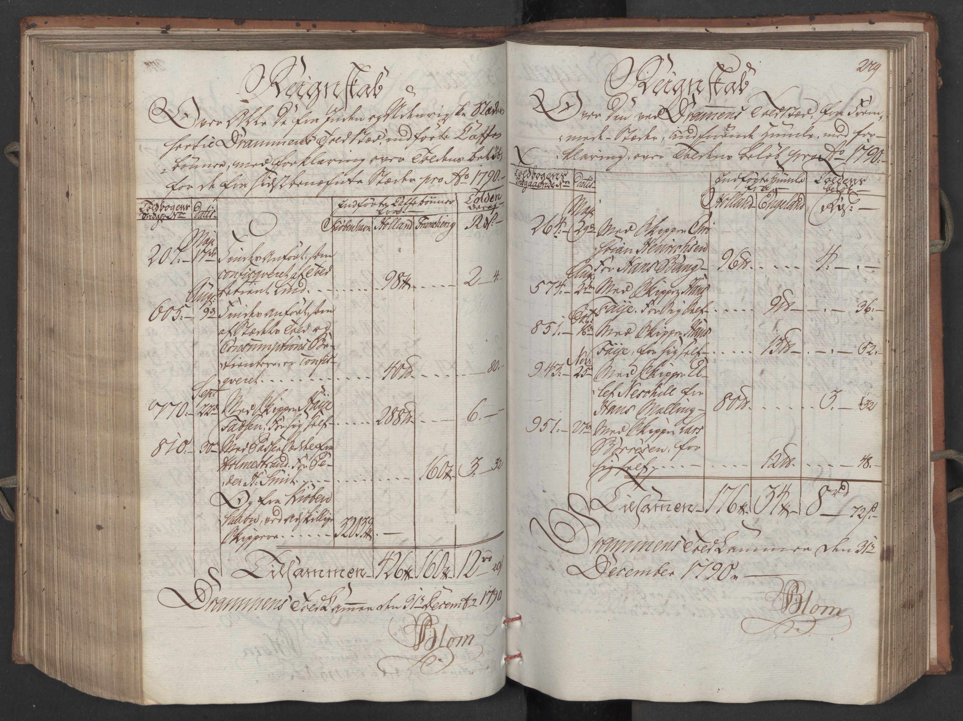 Generaltollkammeret, tollregnskaper, RA/EA-5490/R08/L0158/0001: Tollregnskaper Drammen / Inngående tollbok, 1790, s. 279