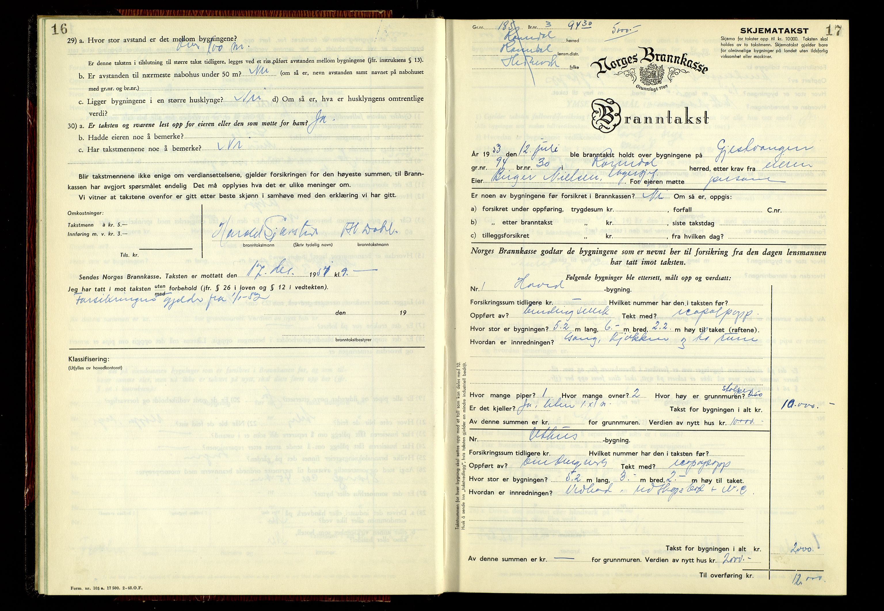 Norges Brannkasse, Romedal, AV/SAH-NBRANR-008/F/L0005: Branntakstprotokoll, 1950-1953, s. 16-17