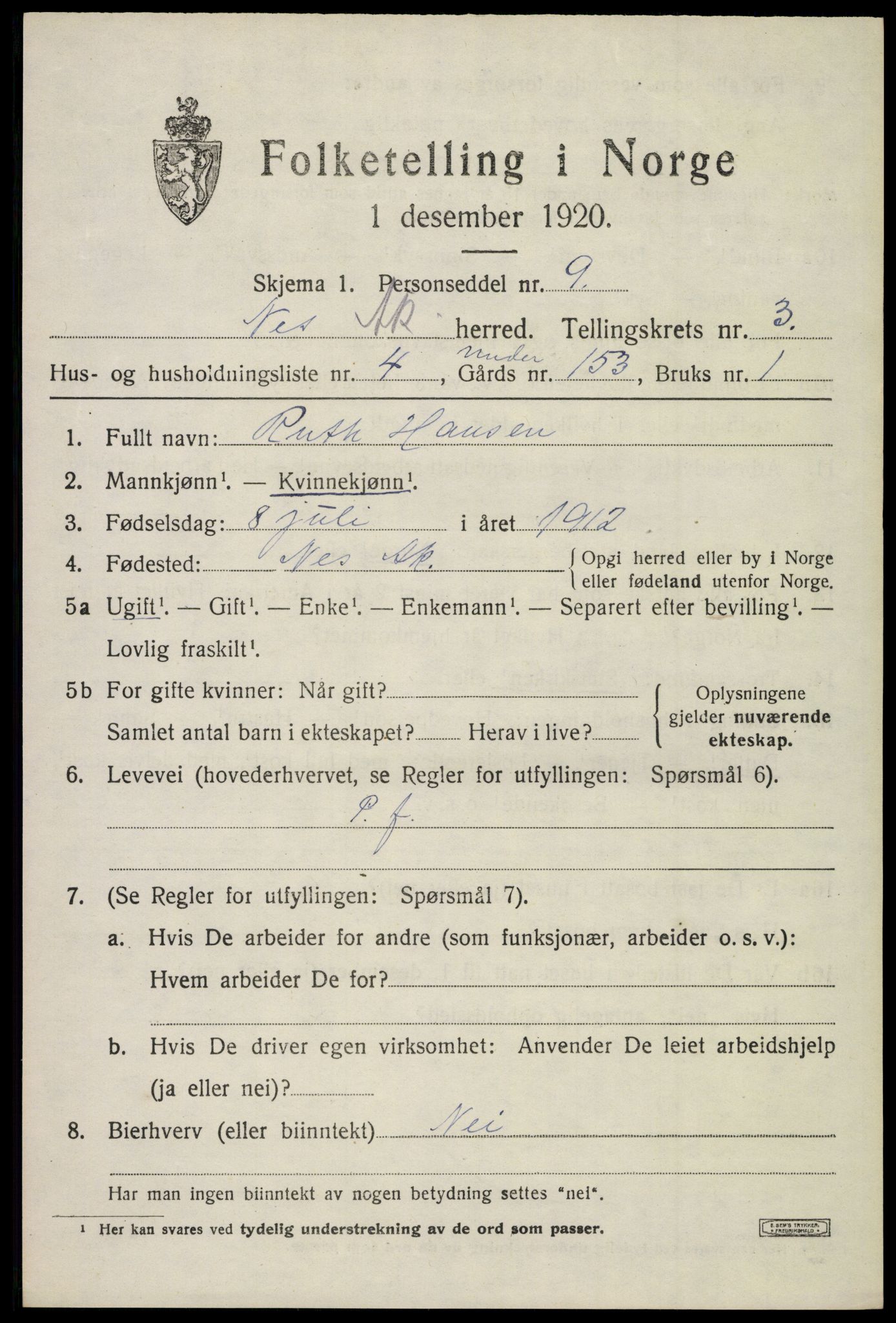 SAO, Folketelling 1920 for 0236 Nes herred, 1920, s. 5842