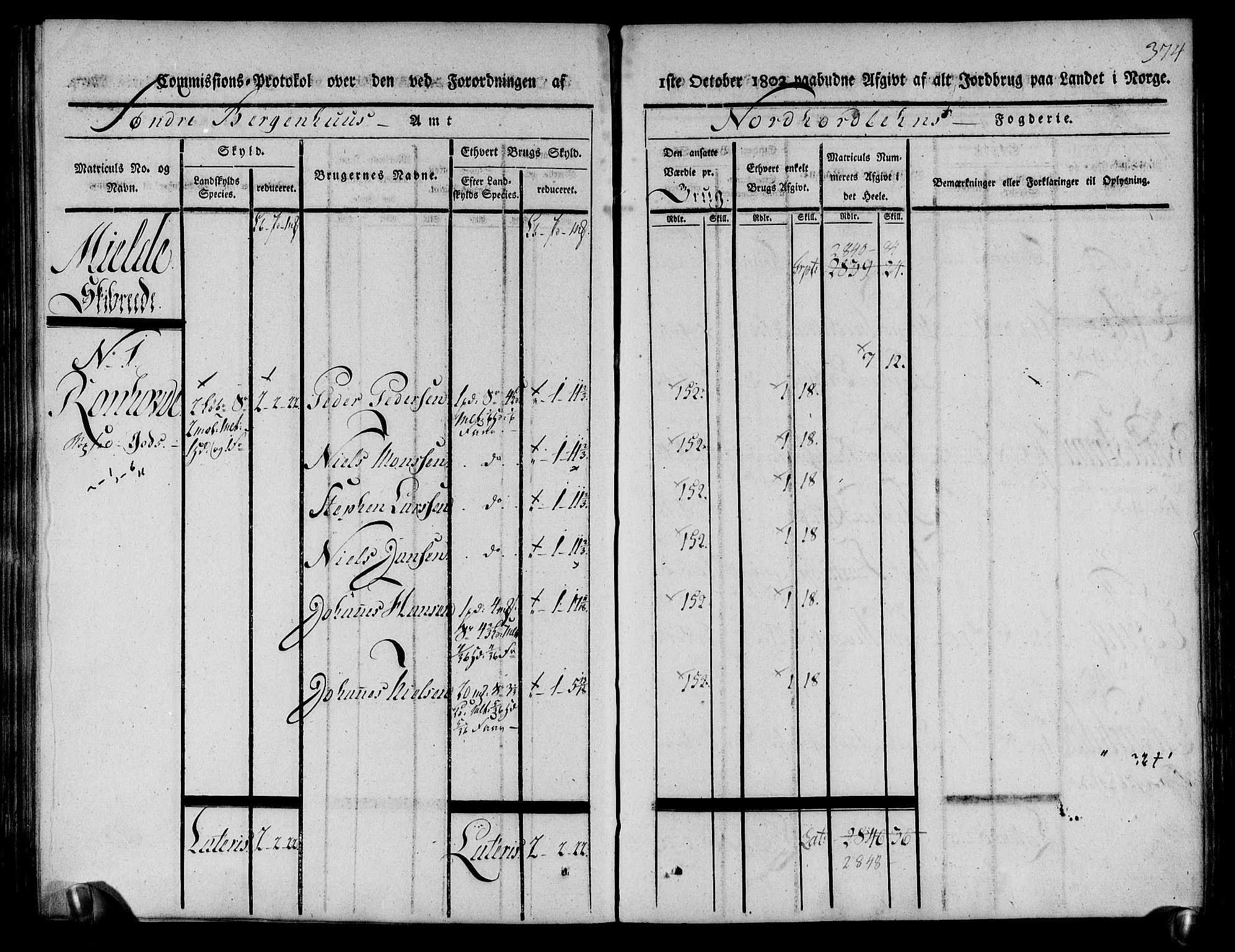 Rentekammeret inntil 1814, Realistisk ordnet avdeling, AV/RA-EA-4070/N/Ne/Nea/L0111: Nordhordland og Voss fogderi. Kommisjonsprotokoll for Nordhordland, 1803, s. 379