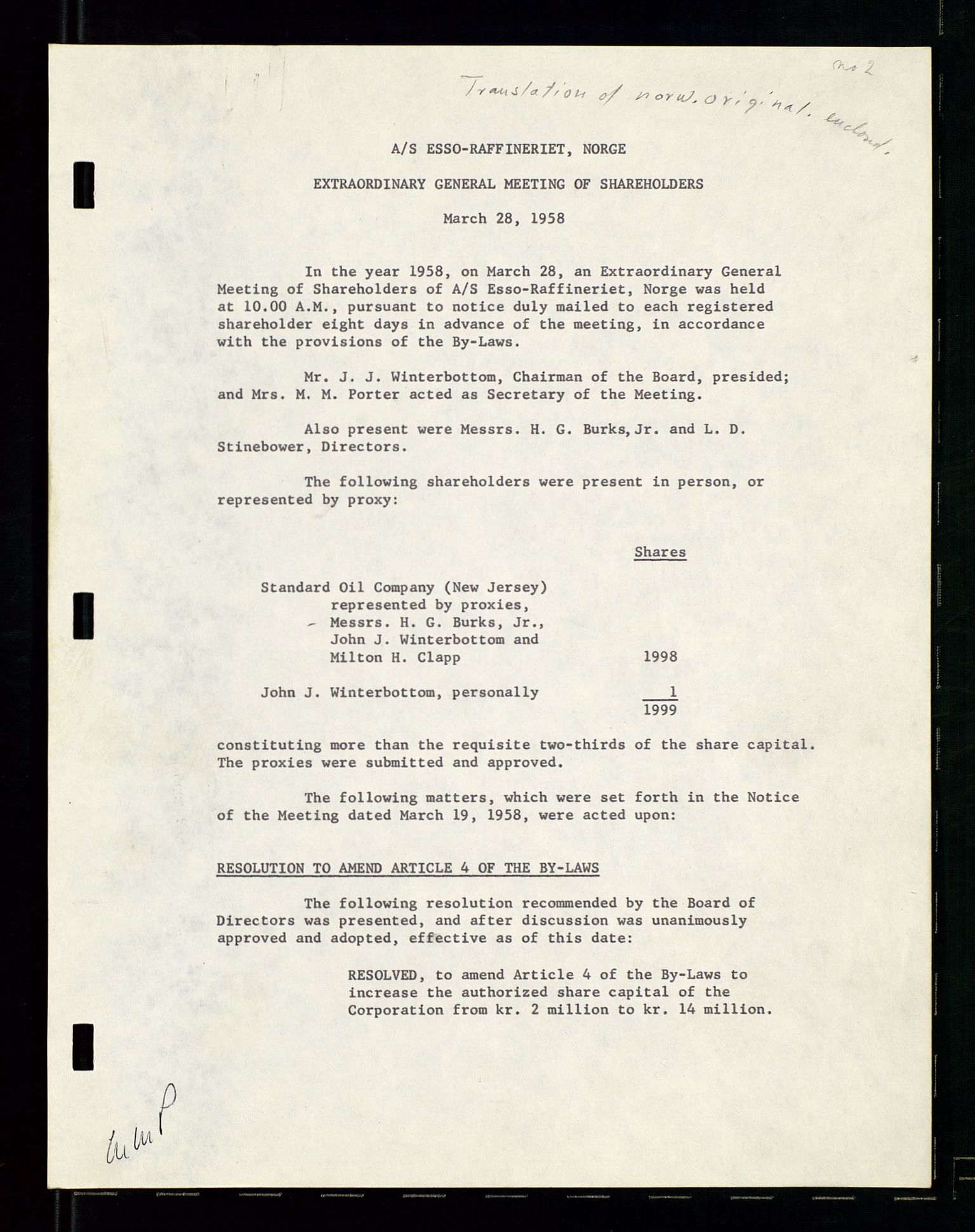 PA 1537 - A/S Essoraffineriet Norge, AV/SAST-A-101957/A/Aa/L0001/0002: Styremøter / Shareholder meetings, board meetings, by laws (vedtekter), 1957-1960, s. 74