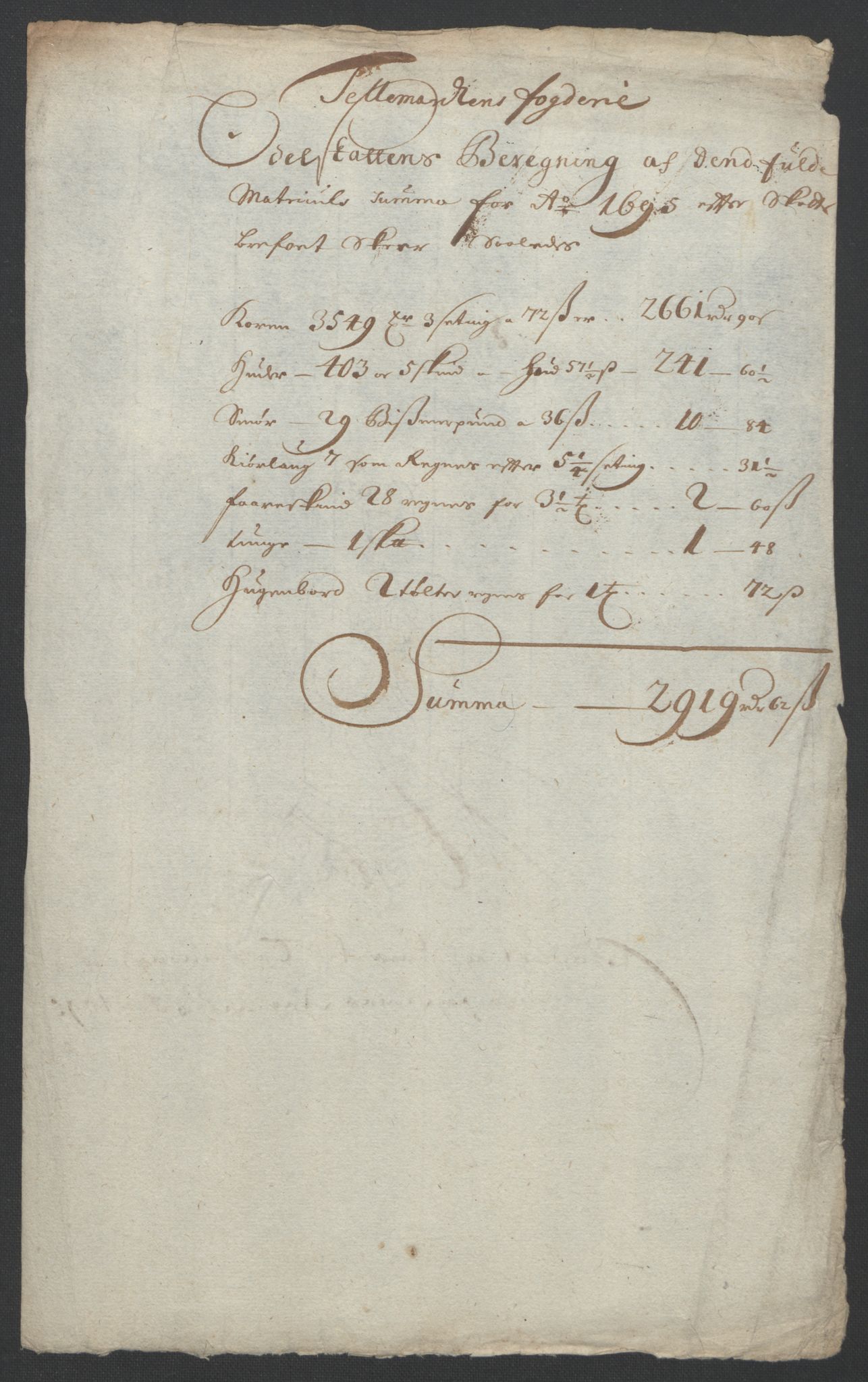 Rentekammeret inntil 1814, Reviderte regnskaper, Fogderegnskap, AV/RA-EA-4092/R36/L2093: Fogderegnskap Øvre og Nedre Telemark og Bamble, 1695, s. 289