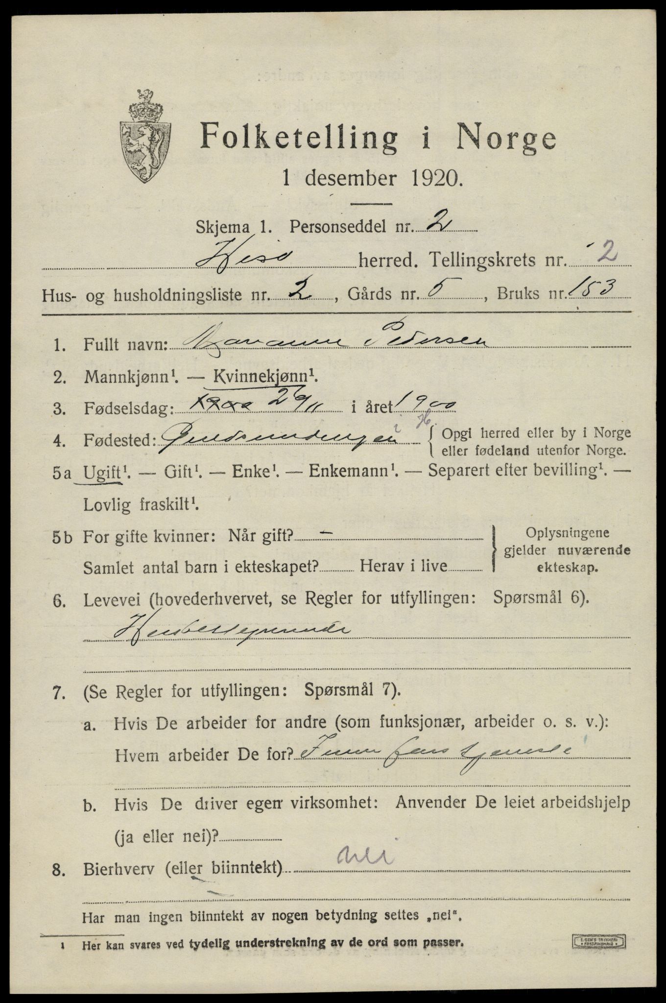 SAK, Folketelling 1920 for 0922 Hisøy herred, 1920, s. 2406