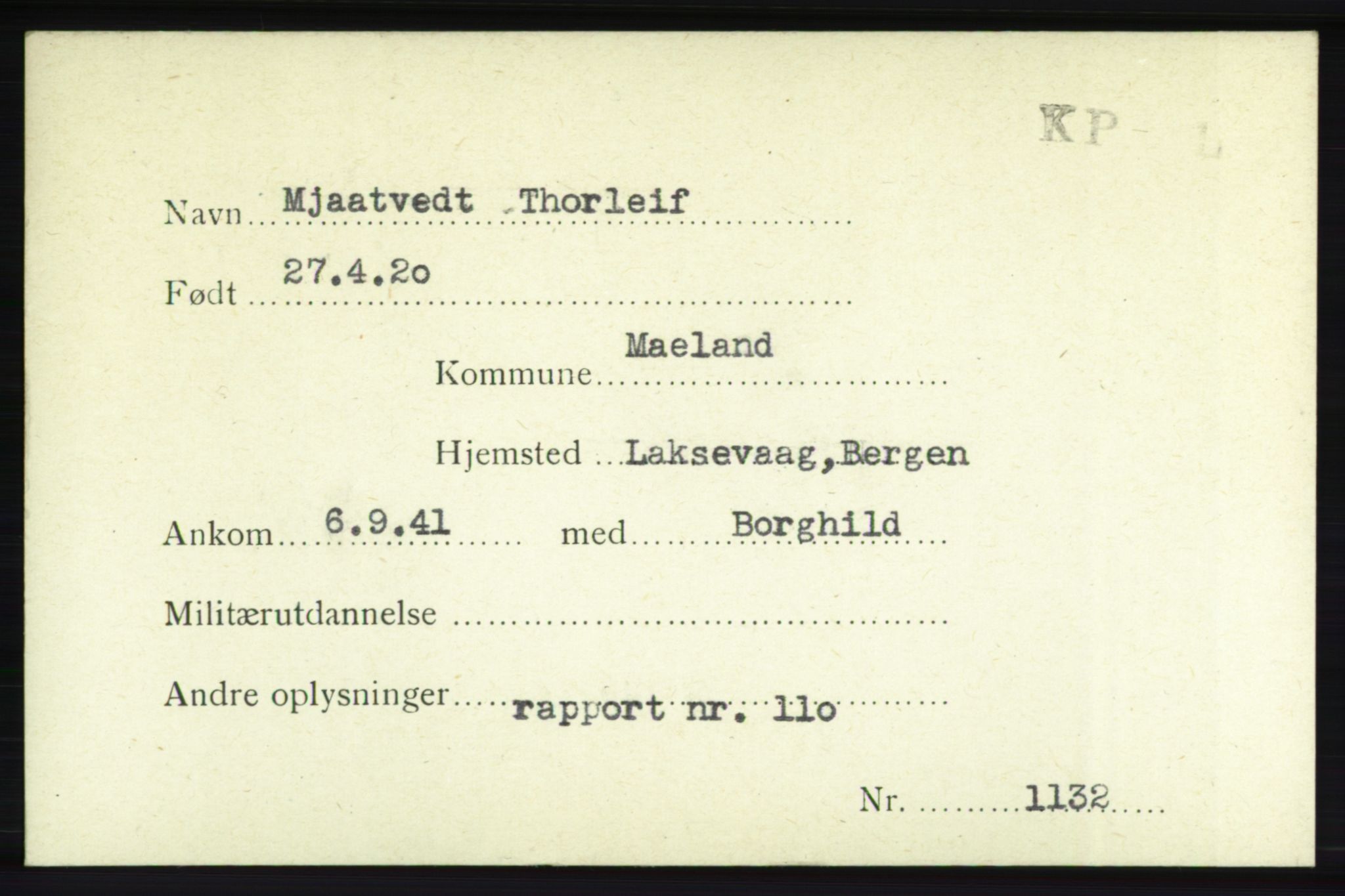 Forsvarets Overkommando. 2. kontor. Arkiv 8.1. Mottakersentralen FDE og FO.II, RA/RAFA-6952/P/Pa/L0014: Mjåland - Nilseng , 1940-1945, s. 4