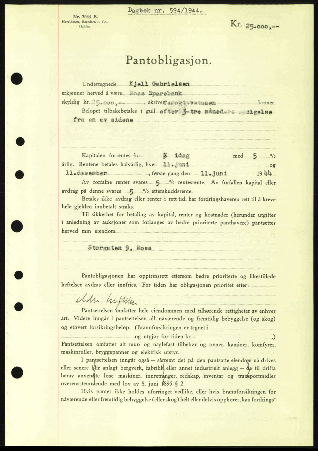 Moss sorenskriveri, SAO/A-10168: Pantebok nr. B13, 1943-1945, Dagboknr: 594/1944