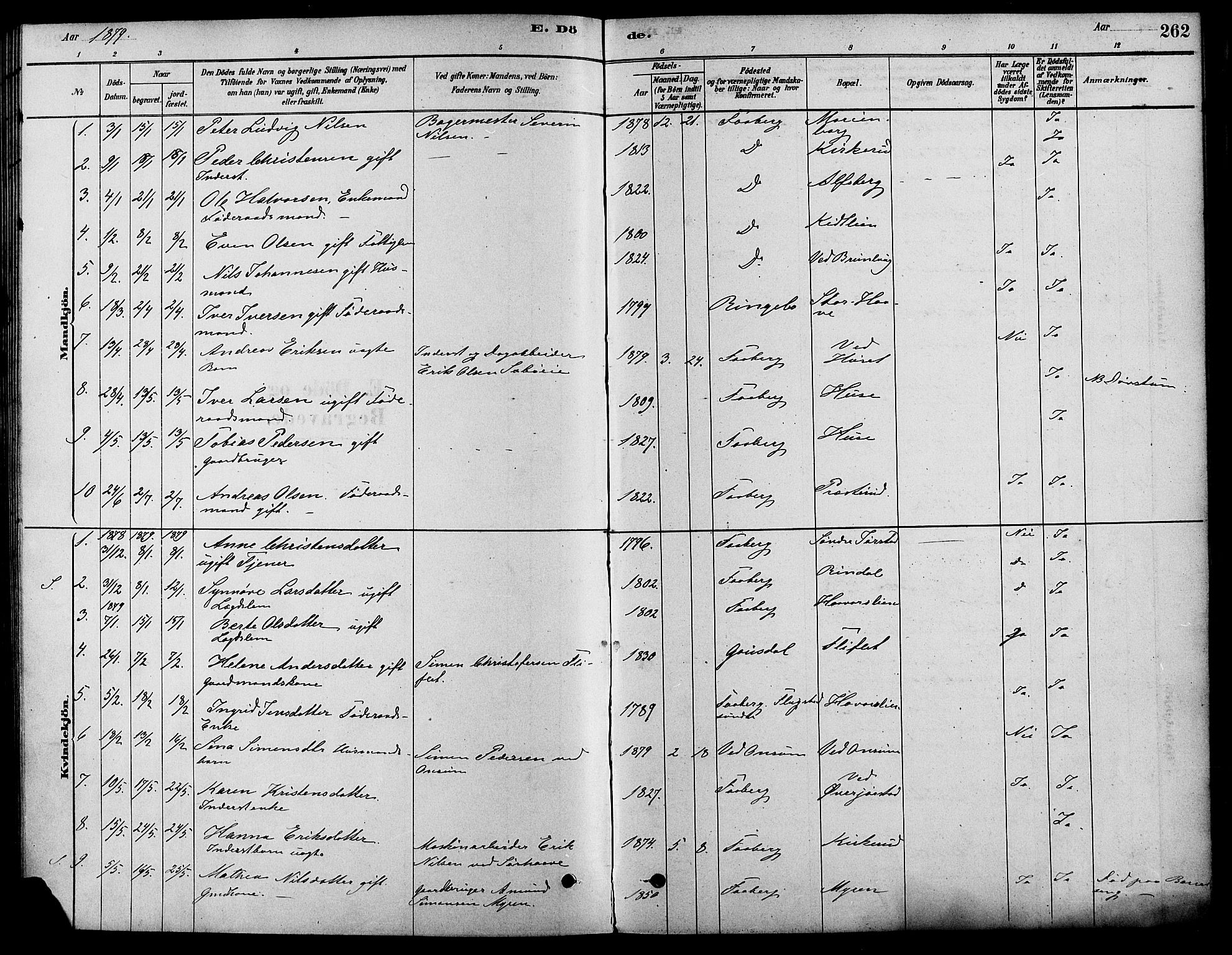 Fåberg prestekontor, AV/SAH-PREST-086/H/Ha/Haa/L0008: Ministerialbok nr. 8, 1879-1898, s. 262