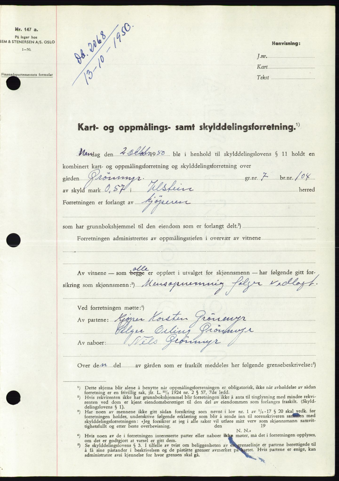 Søre Sunnmøre sorenskriveri, SAT/A-4122/1/2/2C/L0088: Pantebok nr. 14A, 1950-1951, Dagboknr: 2068/1950