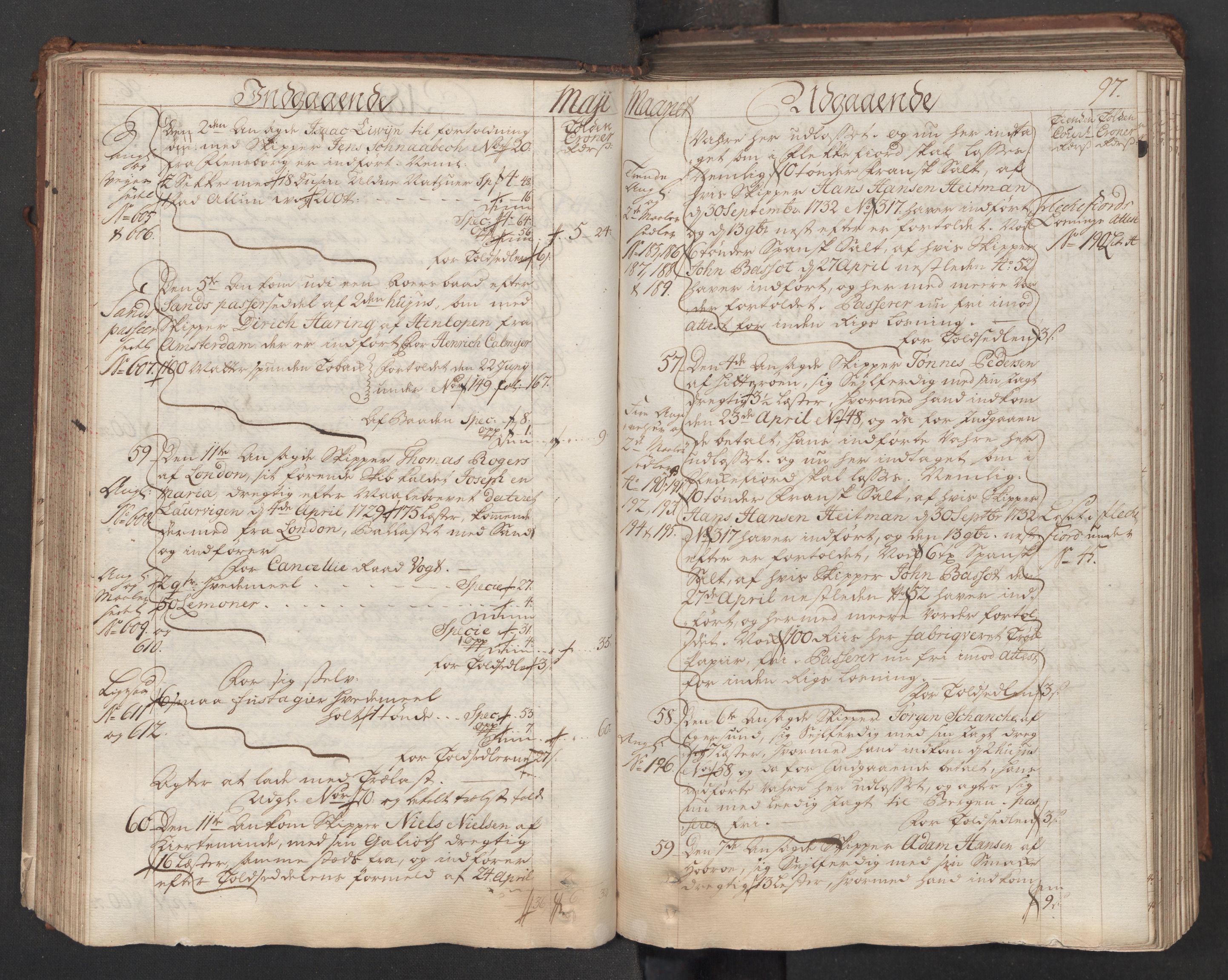 Generaltollkammeret, tollregnskaper, AV/RA-EA-5490/R06/L0015/0001: Tollregnskaper Kristiania / Hovedtollbok, 1733, s. 96b-97a