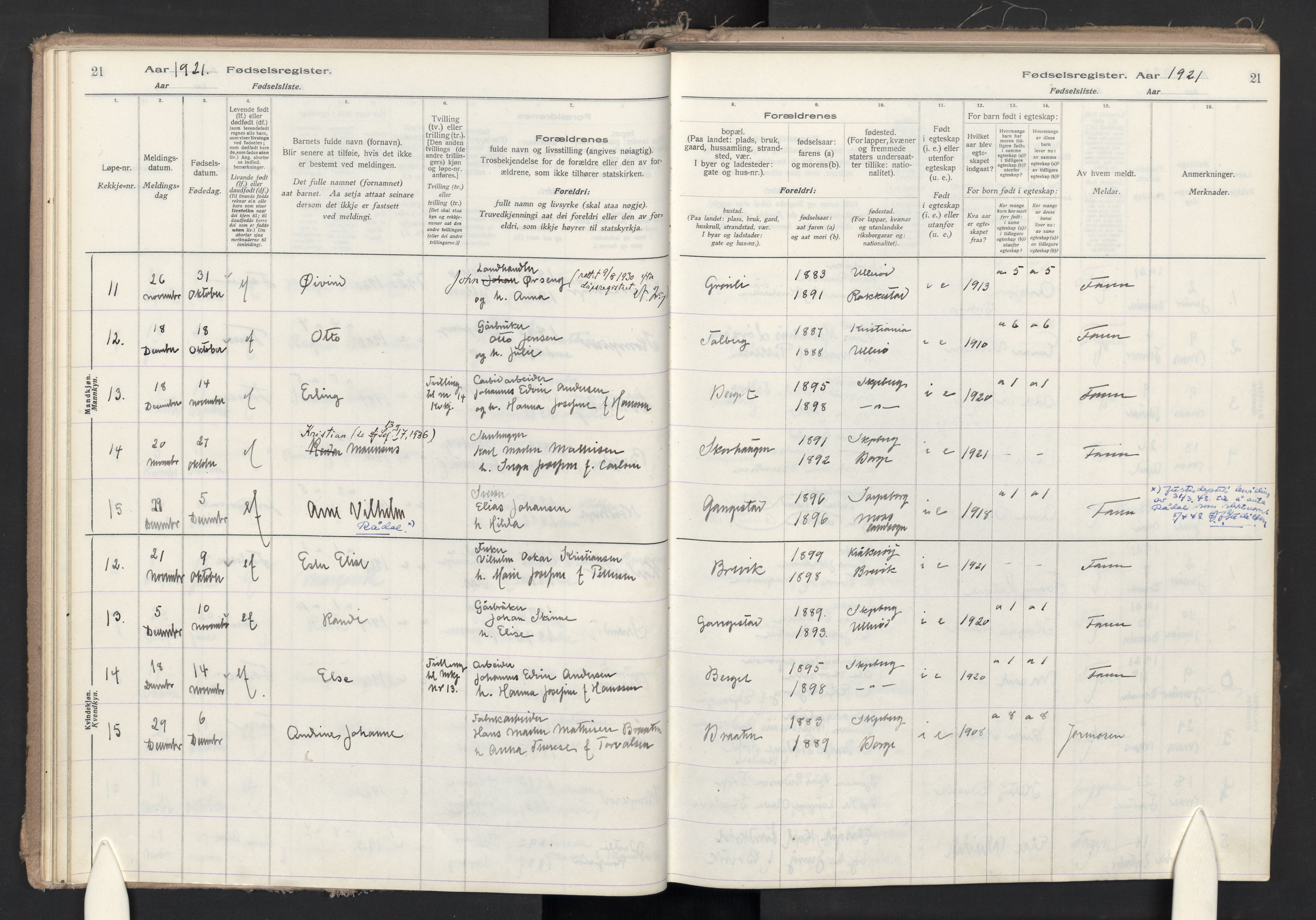 Skjeberg prestekontor Kirkebøker, SAO/A-10923/J/Jb/L0001: Fødselsregister nr. II 1, 1916-1986, s. 21