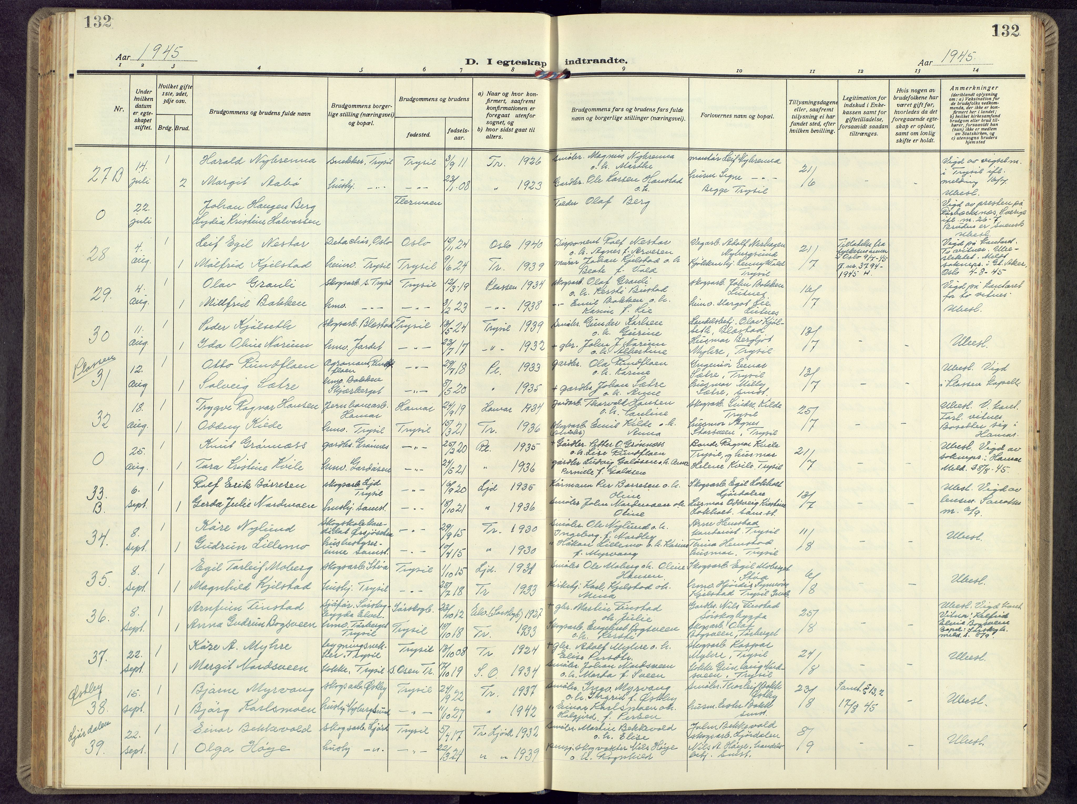 Trysil prestekontor, SAH/PREST-046/H/Ha/Hab/L0012: Klokkerbok nr. 12, 1938-1959, s. 132