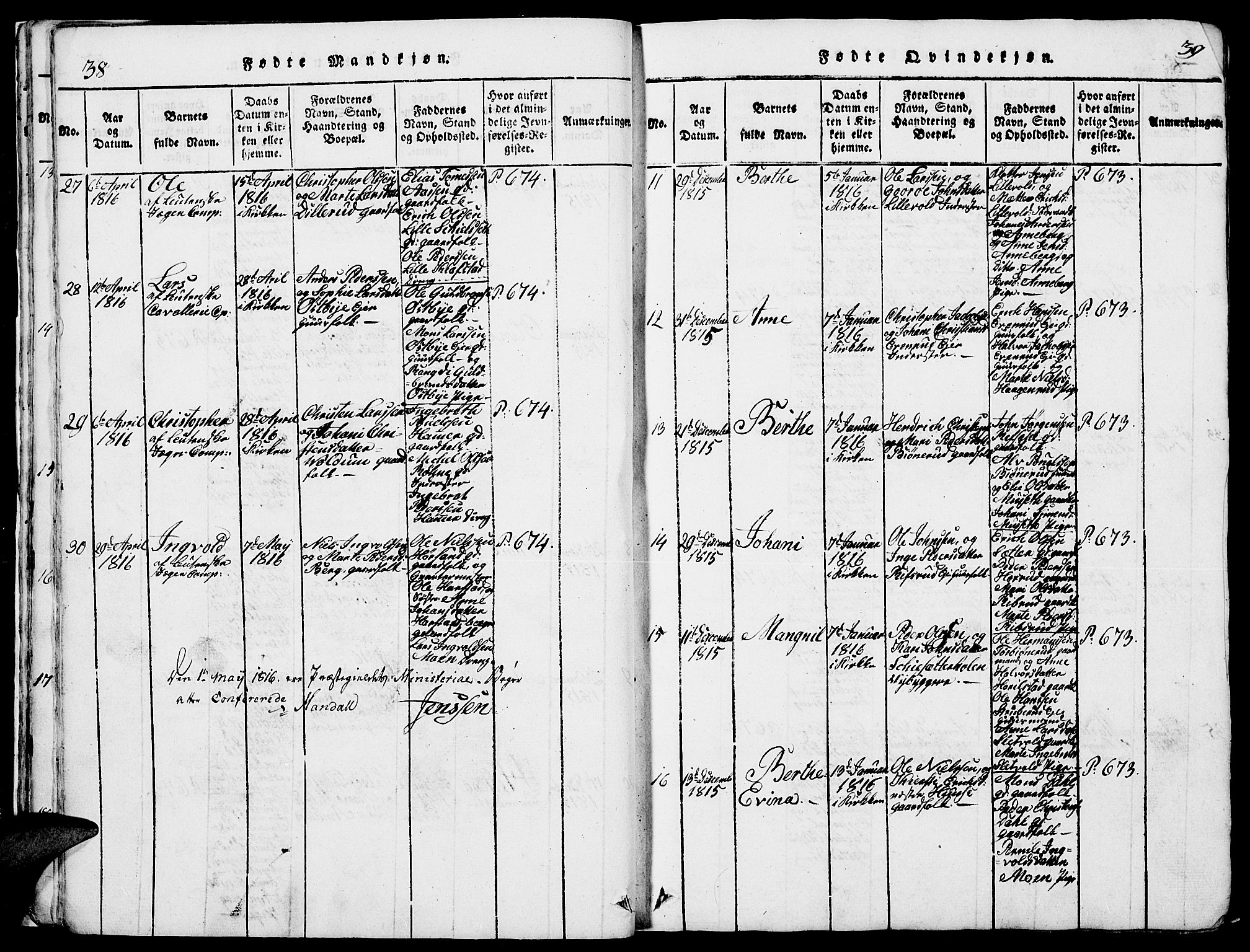 Romedal prestekontor, AV/SAH-PREST-004/L/L0005: Klokkerbok nr. 5, 1814-1829, s. 38-39