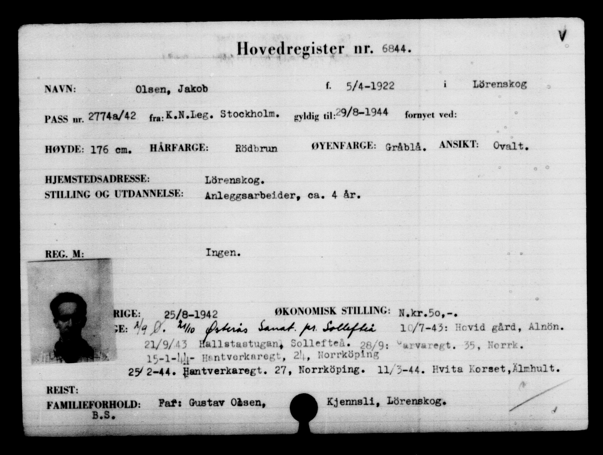 Utenriksstasjonene, Legasjonen i Stockholm, Flyktningkontoret, AV/RA-S-6753/V/Va/L0005: Kjesäterkartoteket, flyktninger med registreringsnr. 6600-9417, 1940-1945, s. 294