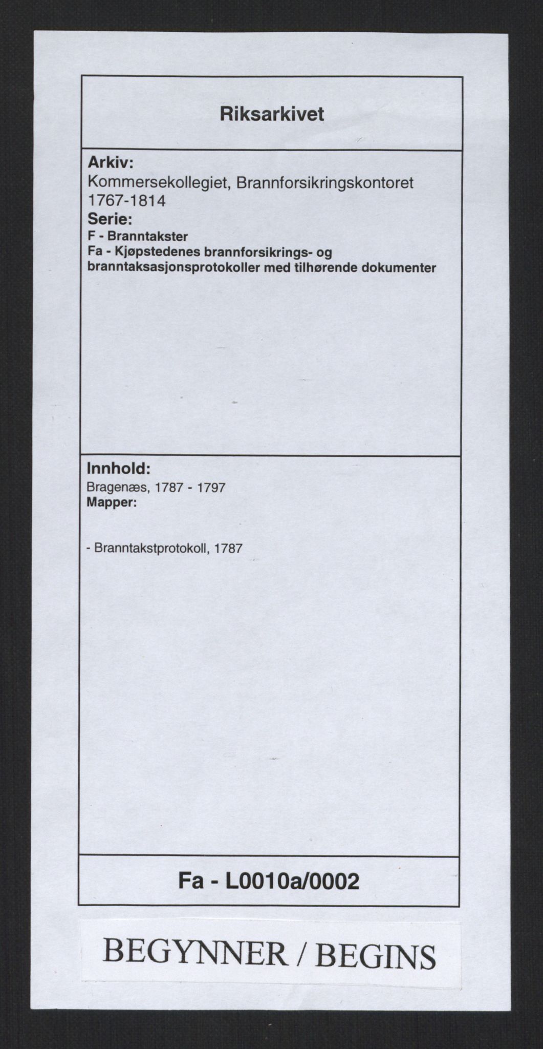 Kommersekollegiet, Brannforsikringskontoret 1767-1814, RA/EA-5458/F/Fa/L0010a/0002: Bragernes / Branntakstprotokoll, 1787
