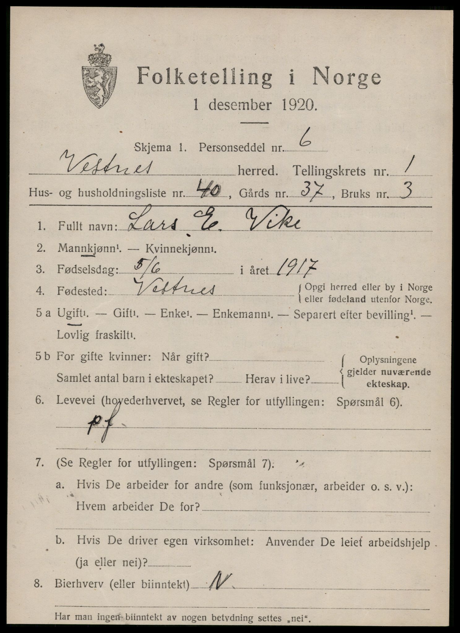 SAT, Folketelling 1920 for 1535 Vestnes herred, 1920, s. 1689