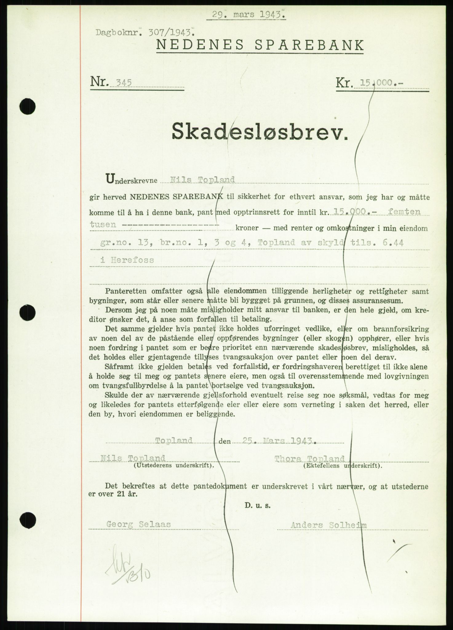 Nedenes sorenskriveri, SAK/1221-0006/G/Gb/Gbb/L0002: Pantebok nr. II, 1942-1945, Dagboknr: 307/1943