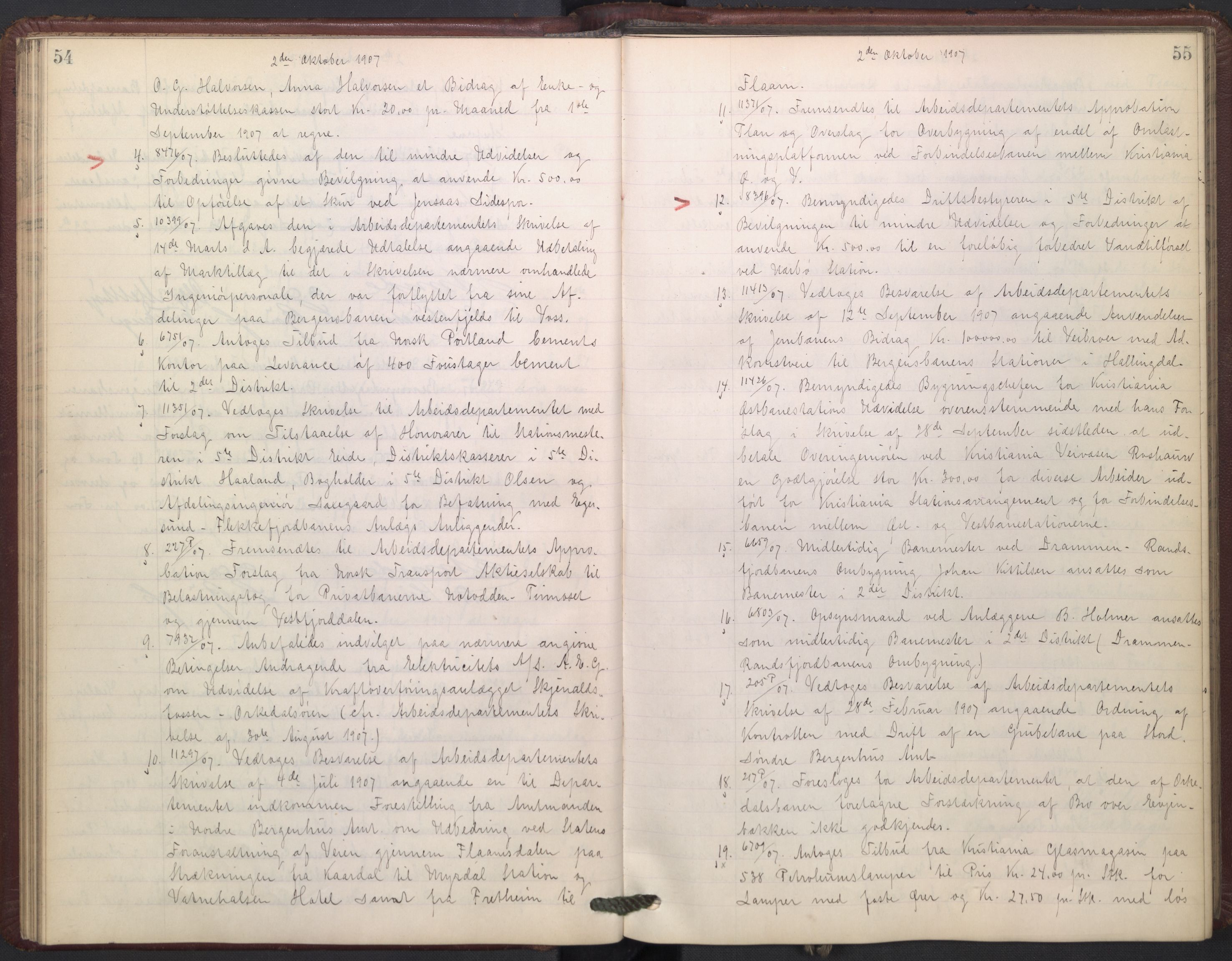 Norges statsbaner, Administrasjons- økonomi- og personalavdelingen, AV/RA-S-3412/A/Aa/L0009: Forhandlingsprotokoll, 1907-1909, s. 54-55