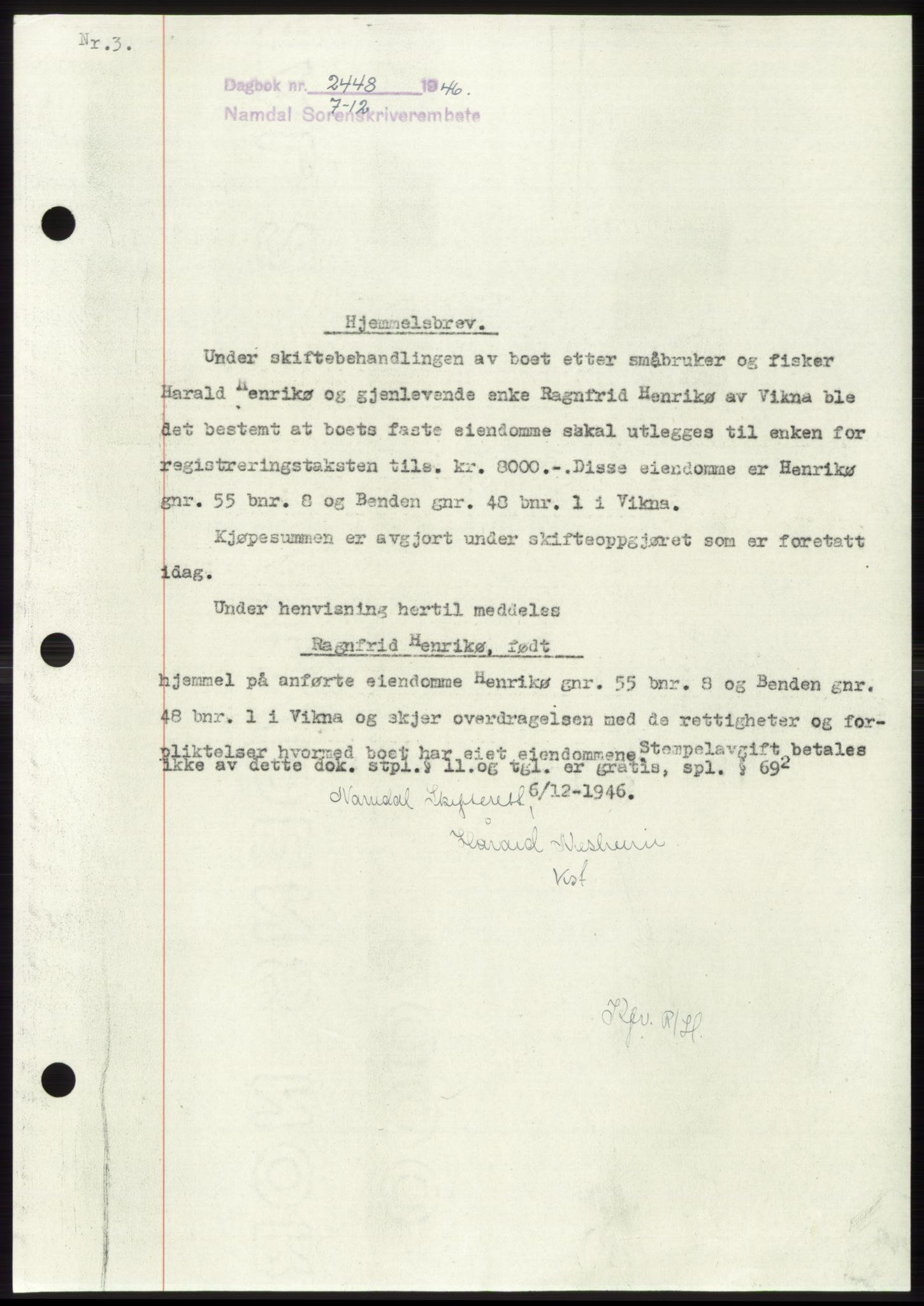 Namdal sorenskriveri, SAT/A-4133/1/2/2C: Pantebok nr. -, 1946-1947, Dagboknr: 2448/1946