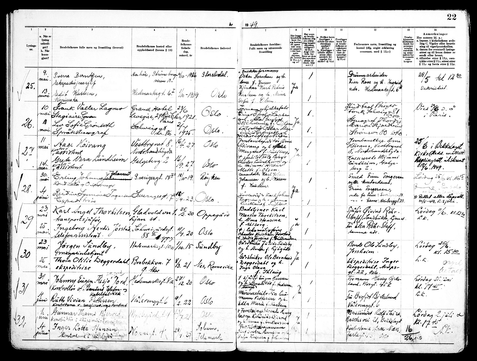 Vålerengen prestekontor Kirkebøker, AV/SAO-A-10878/H/Ha/L0005: Lysningsprotokoll nr. 5, 1947-1959, s. 22