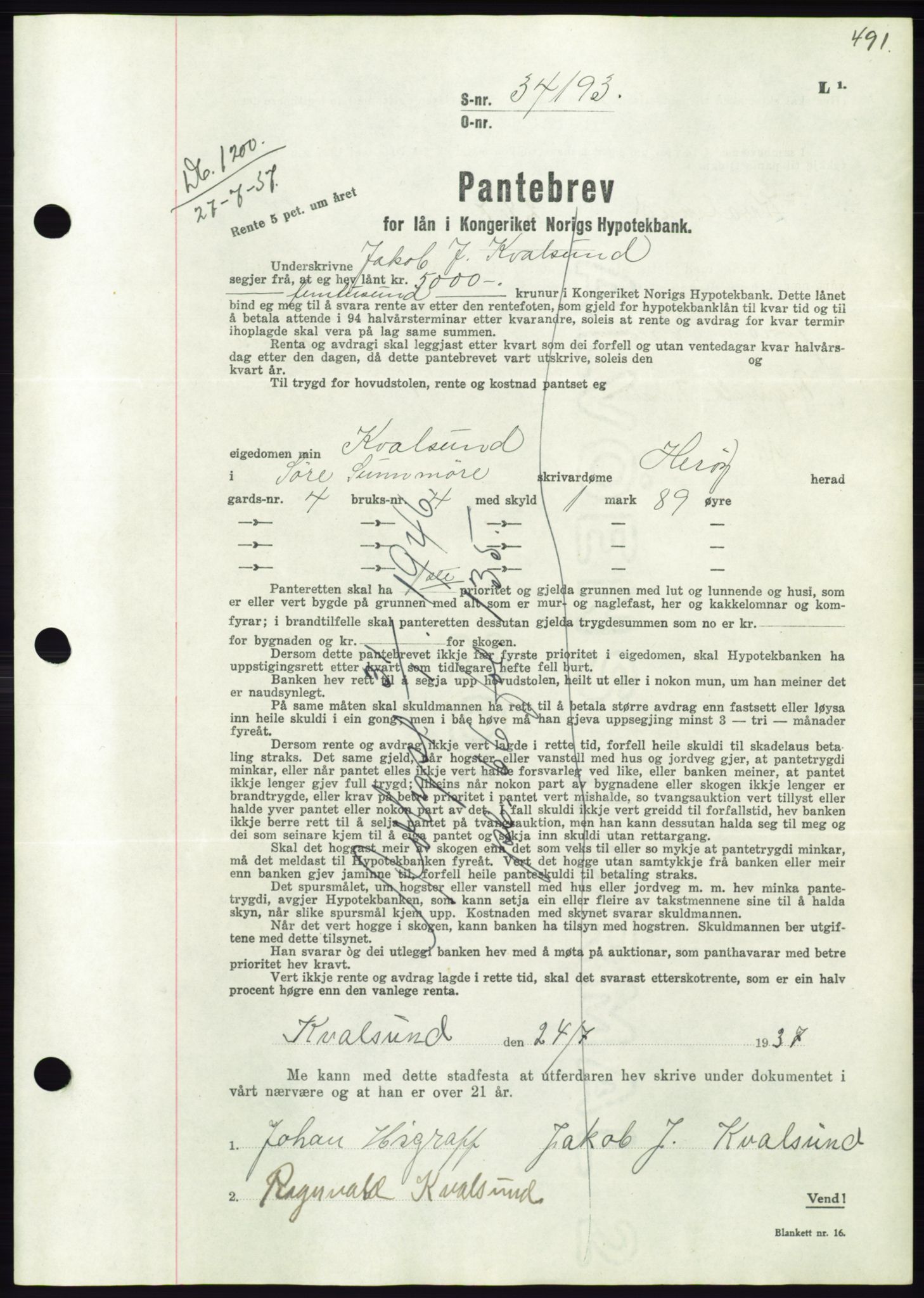 Søre Sunnmøre sorenskriveri, AV/SAT-A-4122/1/2/2C/L0063: Pantebok nr. 57, 1937-1937, Dagboknr: 1200/1937