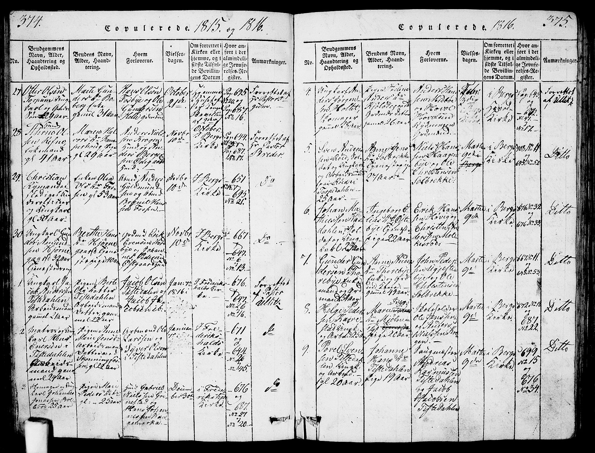 Berg prestekontor Kirkebøker, AV/SAO-A-10902/G/Ga/L0001: Klokkerbok nr. I 1, 1815-1832, s. 374-375