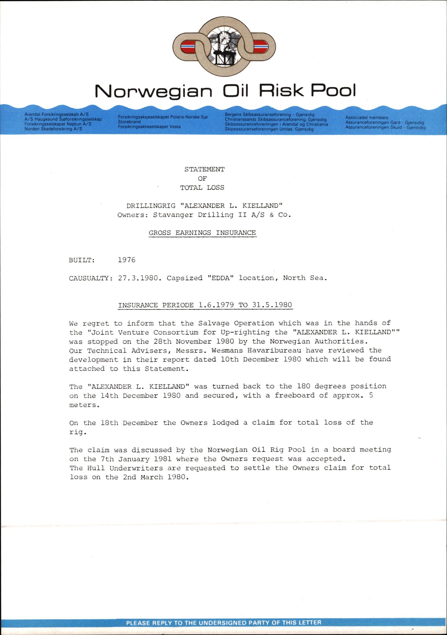 Pa 1503 - Stavanger Drilling AS, AV/SAST-A-101906/2/E/Eb/Eba/L0023: Alexander L. Kielland forsikring, 1976-1980