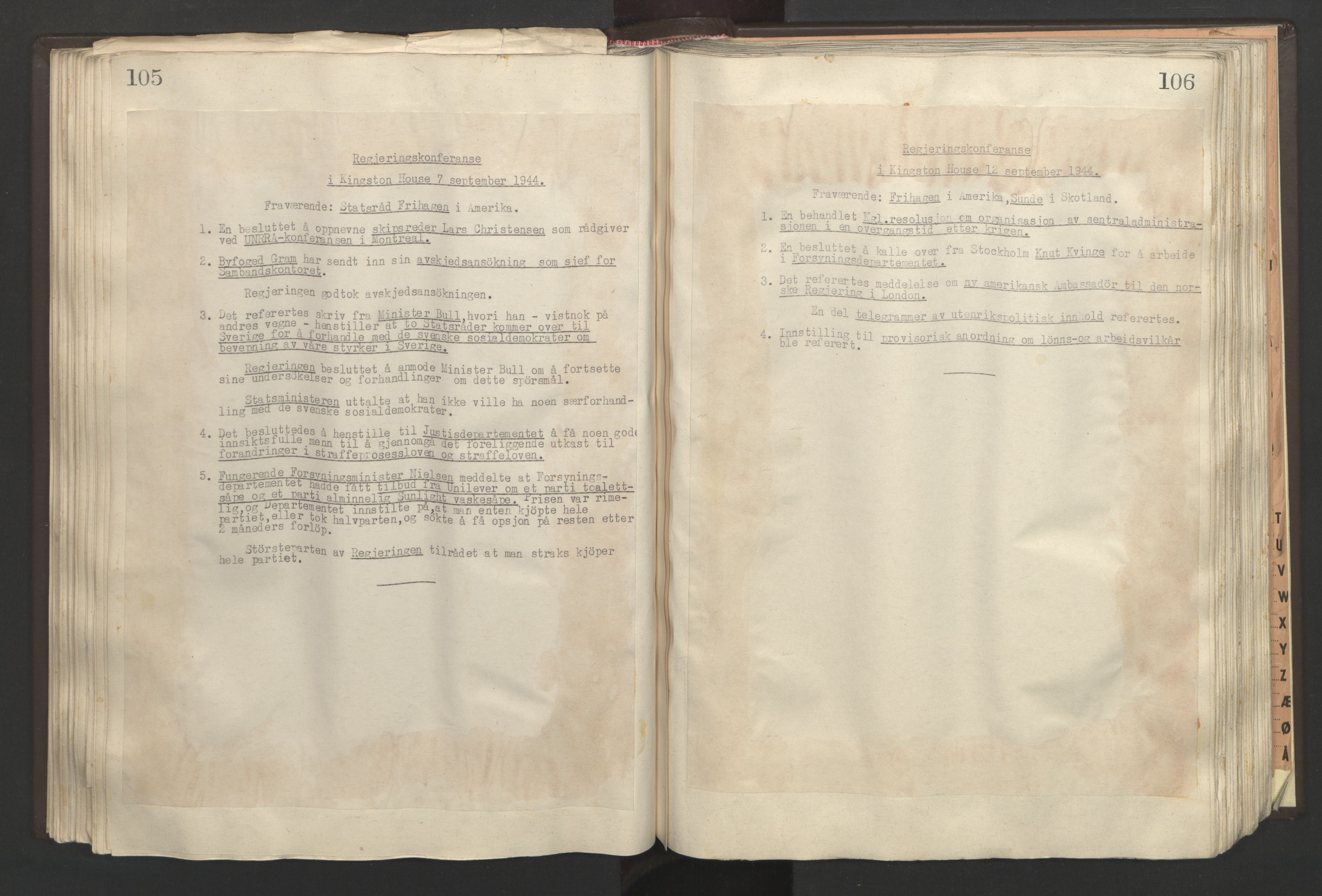 Statsministerens kontor, AV/RA-S-1005/A/Aa/L0003: Referat fra regjeringskonferanser, 1944-1945, s. 105-106