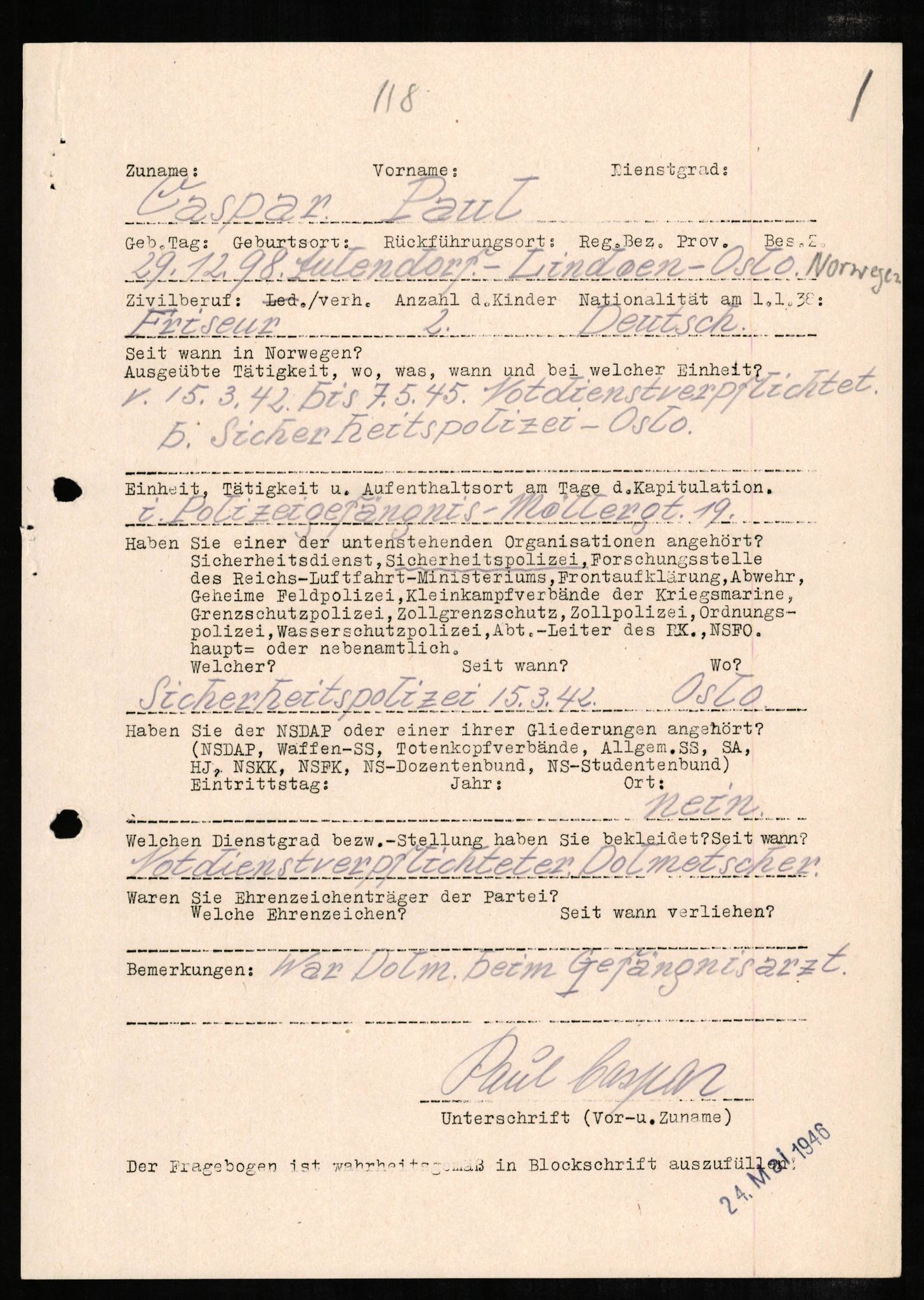 Forsvaret, Forsvarets overkommando II, AV/RA-RAFA-3915/D/Db/L0005: CI Questionaires. Tyske okkupasjonsstyrker i Norge. Tyskere., 1945-1946, s. 229