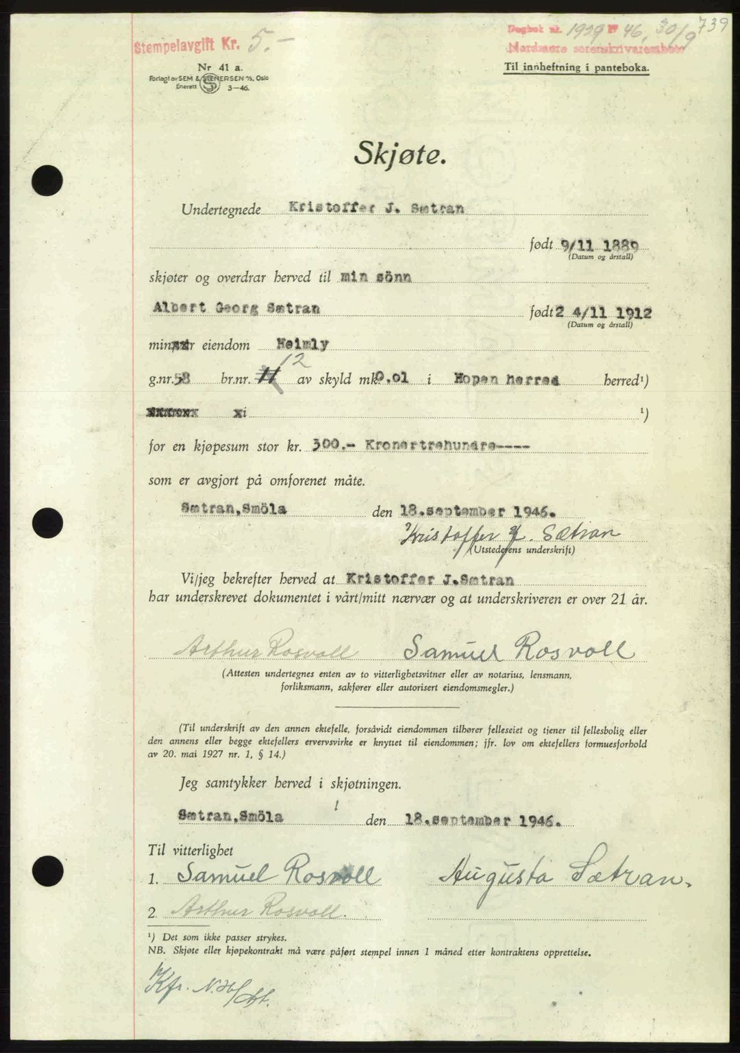 Nordmøre sorenskriveri, SAT/A-4132/1/2/2Ca: Pantebok nr. A102, 1946-1946, Dagboknr: 1929/1946