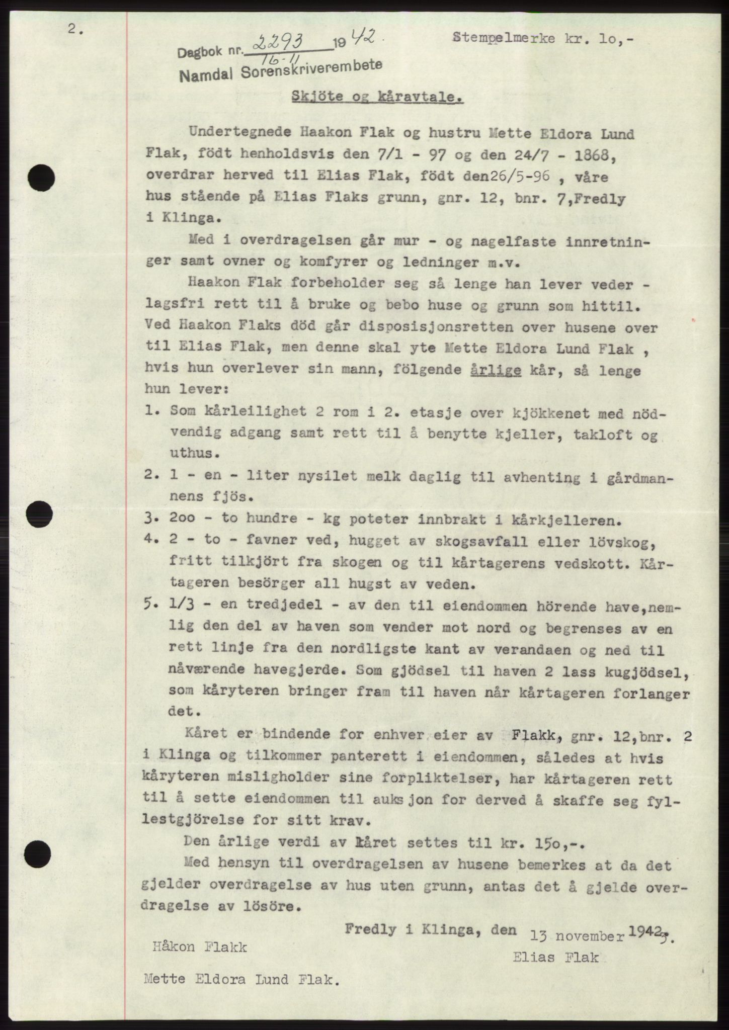 Namdal sorenskriveri, SAT/A-4133/1/2/2C: Pantebok nr. -, 1942-1943, Dagboknr: 2293/1942