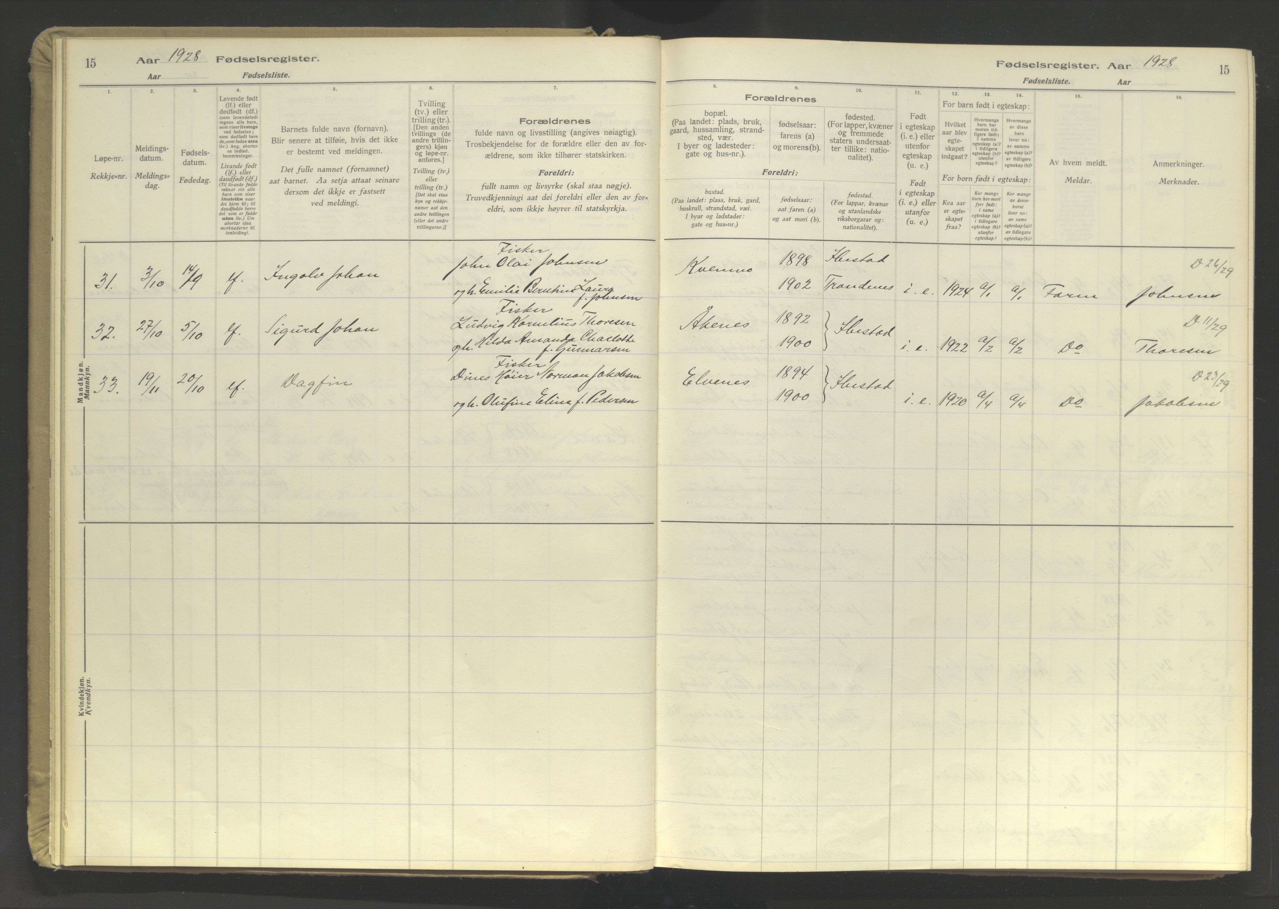 Ibestad sokneprestembete, AV/SATØ-S-0077/I/Ic/L0064: Fødselsregister nr. 64, 1926-1961, s. 15