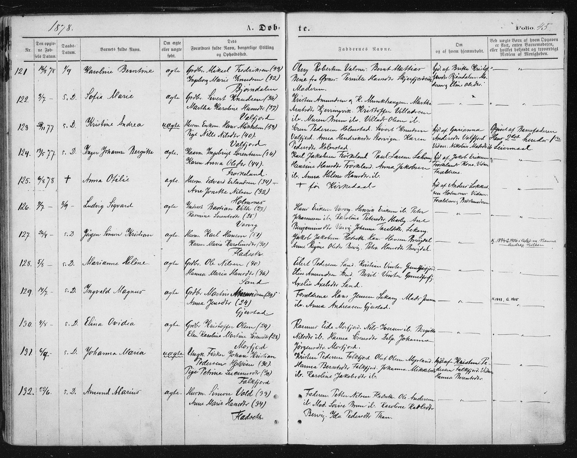 Ministerialprotokoller, klokkerbøker og fødselsregistre - Nordland, AV/SAT-A-1459/888/L1243: Ministerialbok nr. 888A09, 1876-1879, s. 45