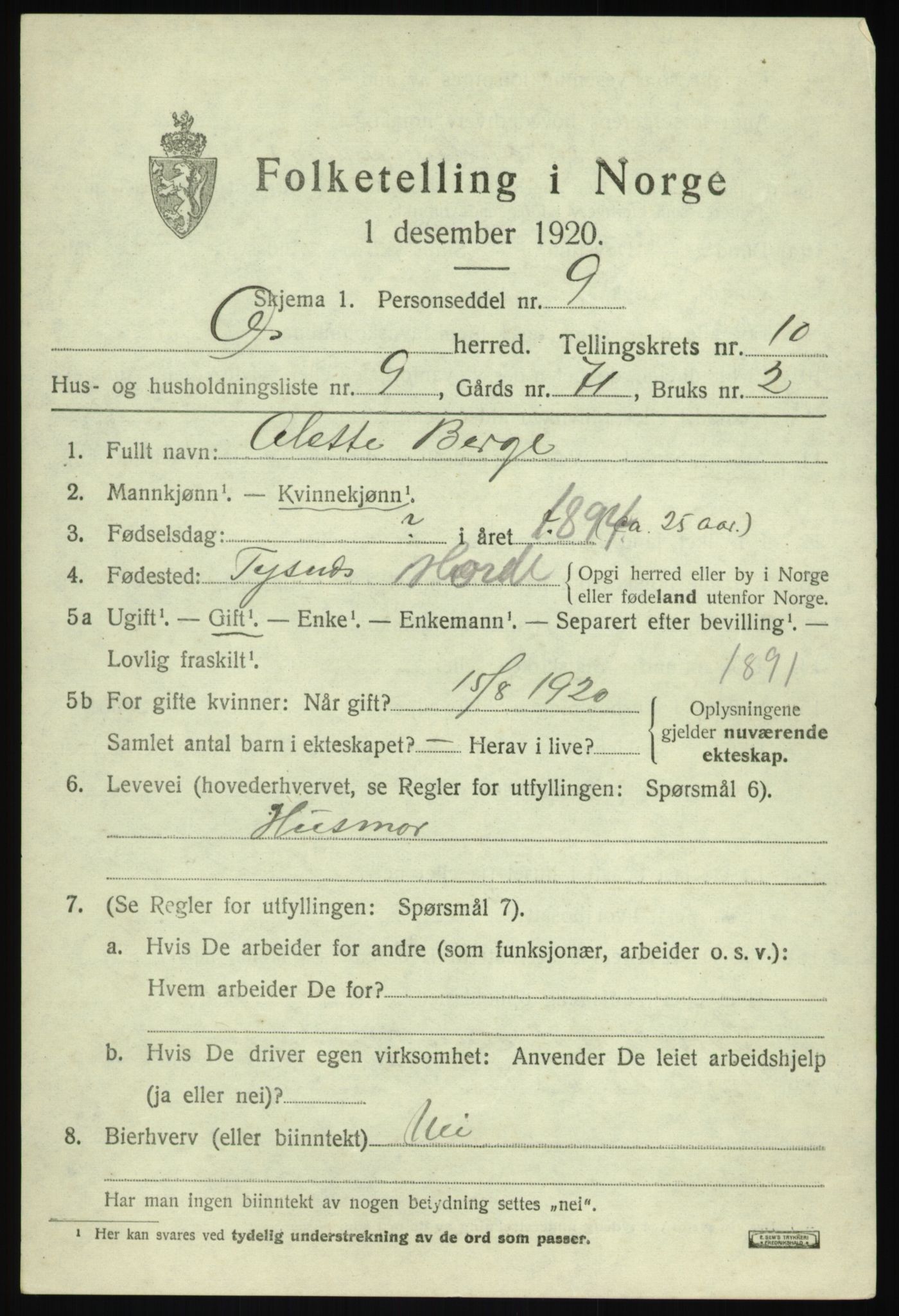 SAB, Folketelling 1920 for 1243 Os herred, 1920, s. 8316