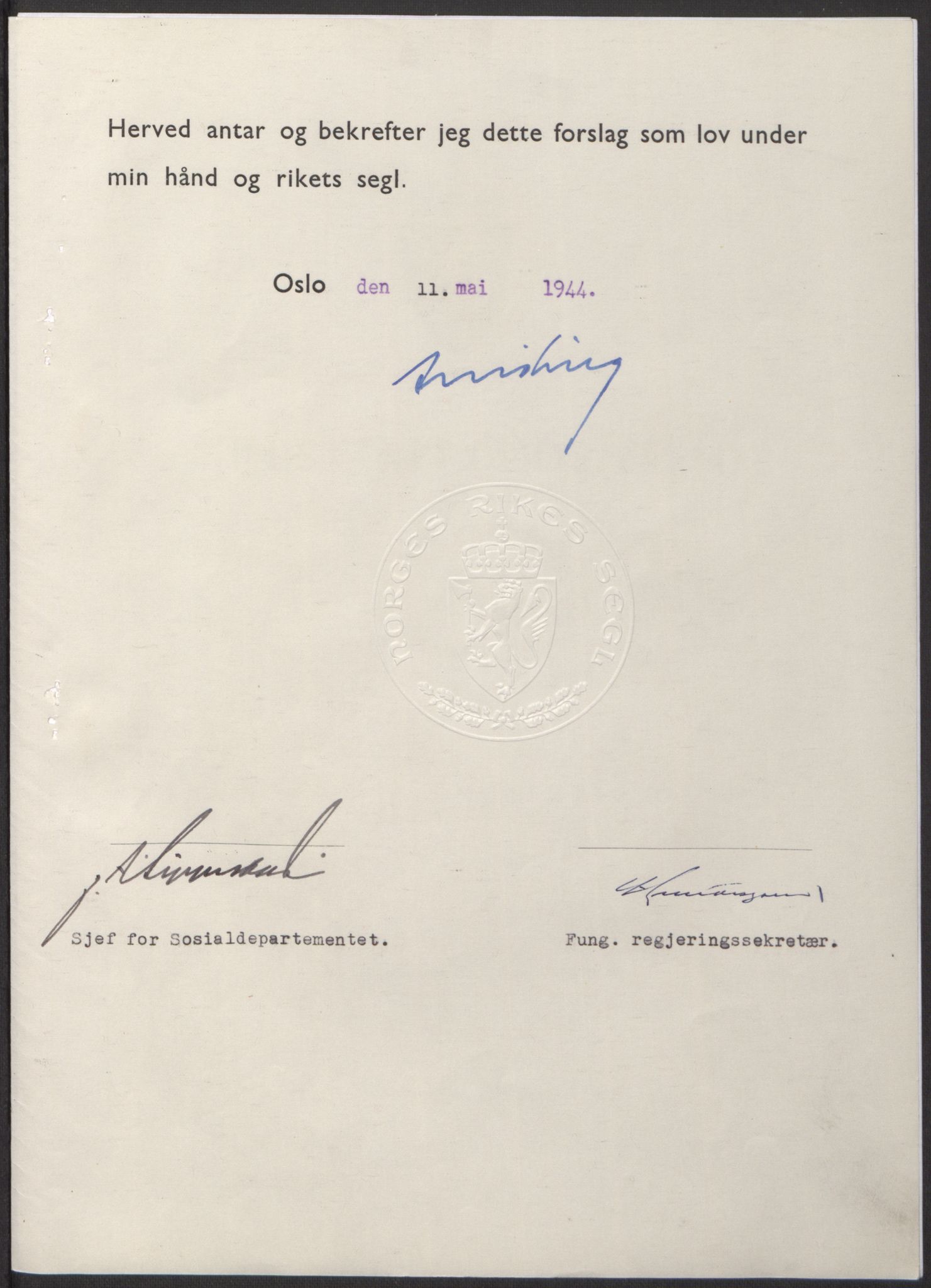 NS-administrasjonen 1940-1945 (Statsrådsekretariatet, de kommisariske statsråder mm), RA/S-4279/D/Db/L0100: Lover, 1944, s. 216