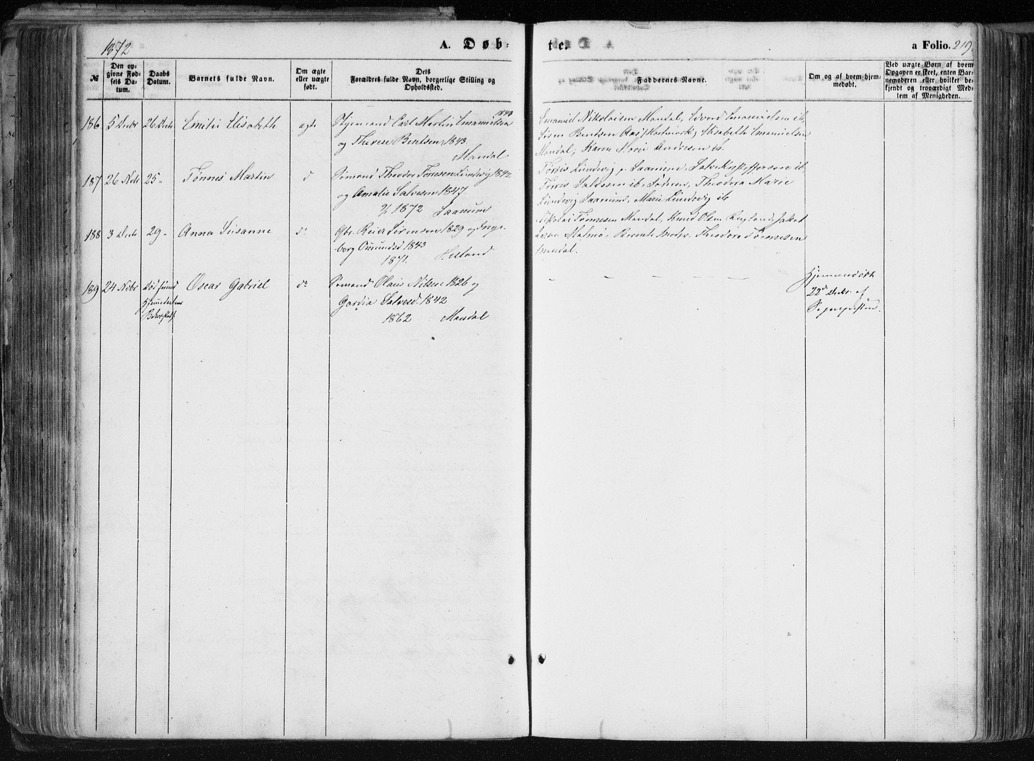 Mandal sokneprestkontor, AV/SAK-1111-0030/F/Fa/Faa/L0014: Ministerialbok nr. A 14, 1859-1872, s. 219