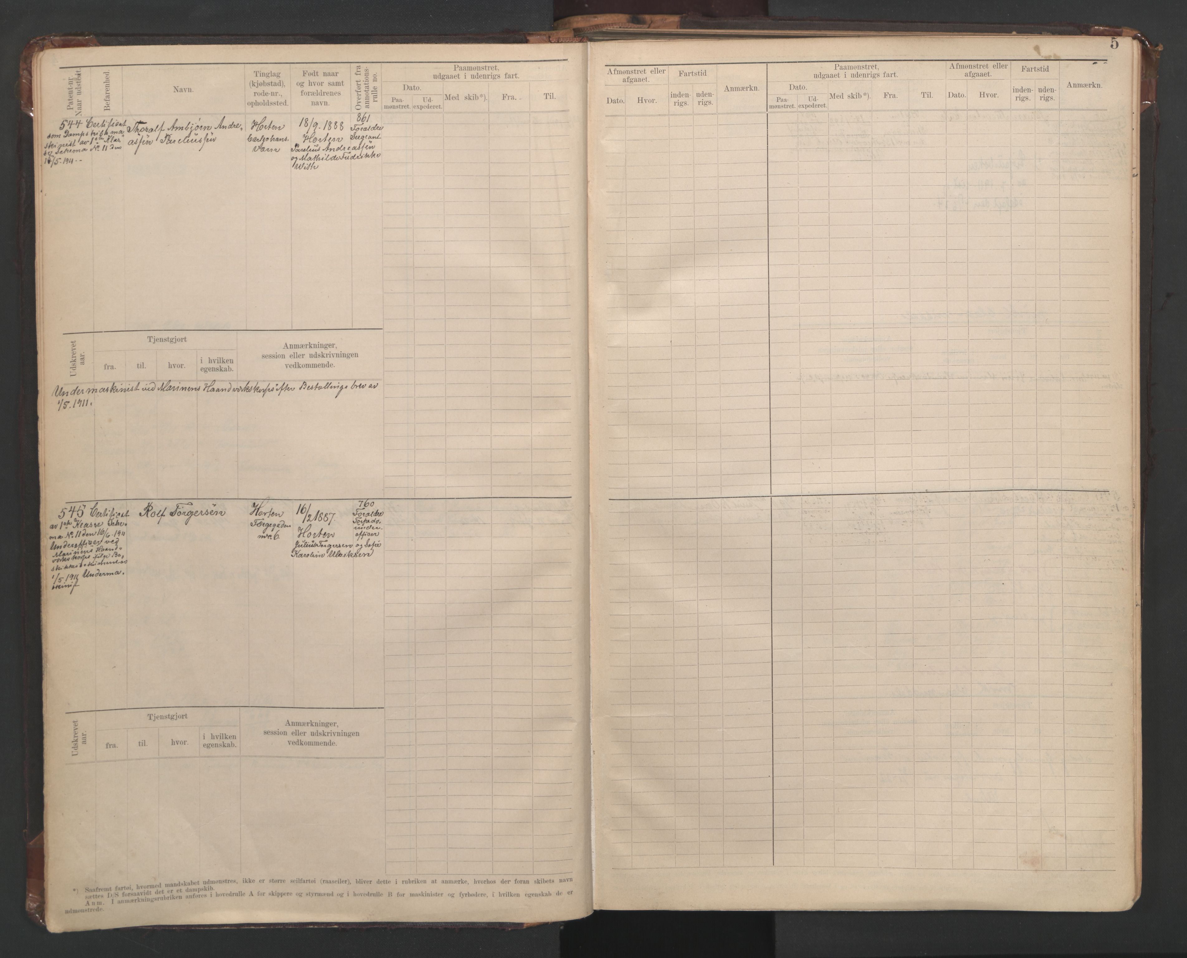 Horten innrulleringskontor, AV/SAKO-A-785/F/Fe/L0008: Maskinist, fyrbøterrulle, 1911-1948, s. 5