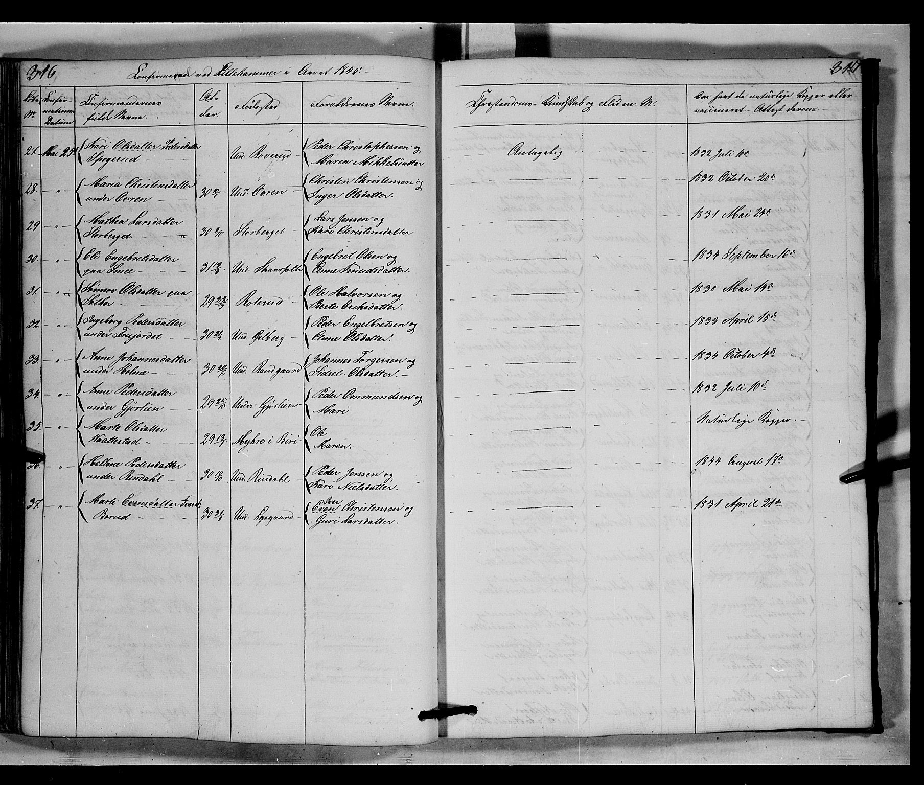 Fåberg prestekontor, AV/SAH-PREST-086/H/Ha/Hab/L0006: Klokkerbok nr. 6, 1837-1855, s. 316-317