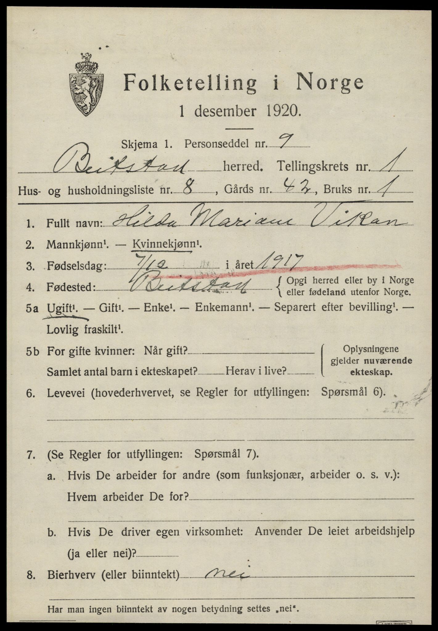 SAT, Folketelling 1920 for 1727 Beitstad herred, 1920, s. 839