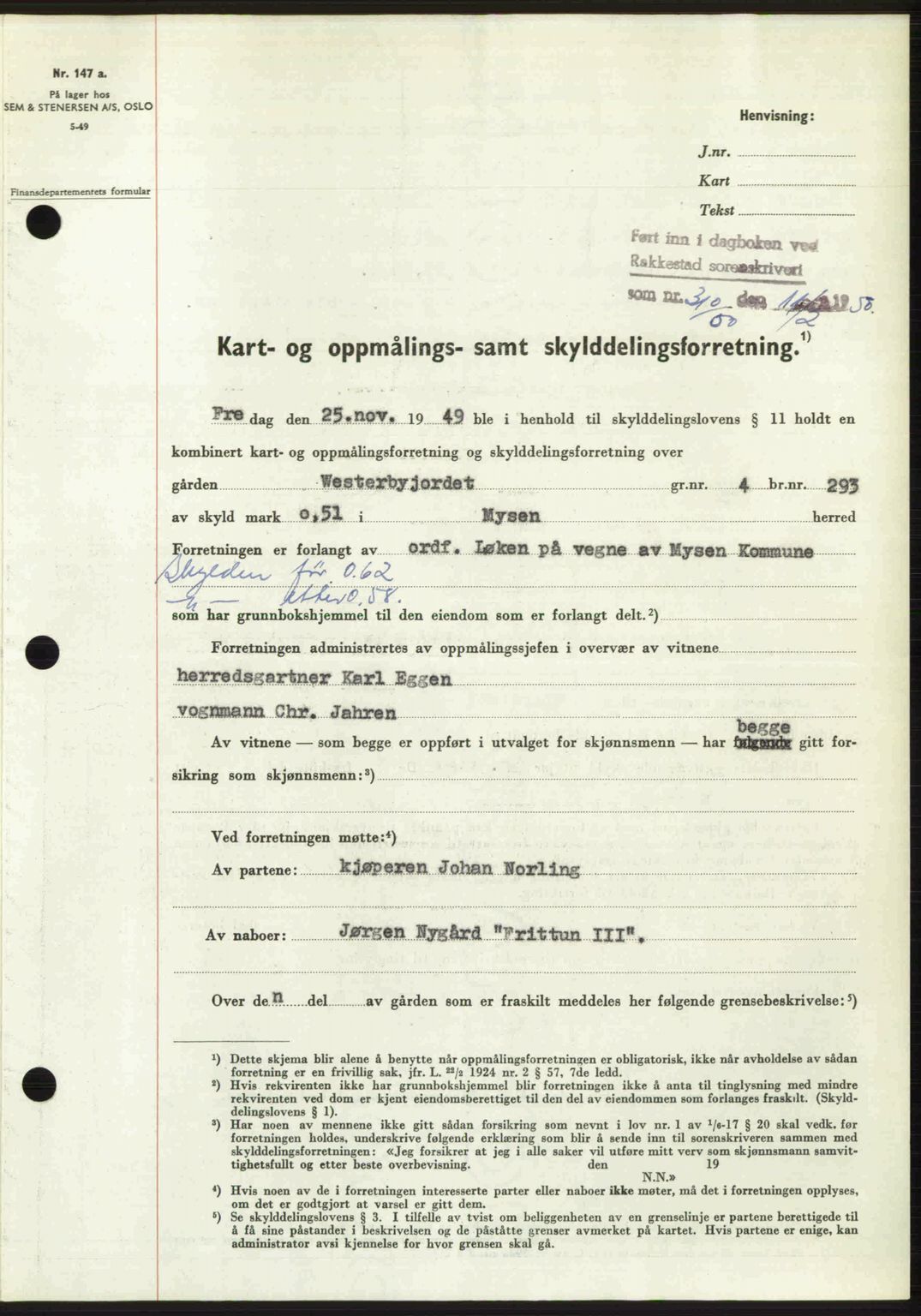 Rakkestad sorenskriveri, SAO/A-10686/G/Gb/Gba/Gbab/L0019: Pantebok nr. A19, 1949-1950, Dagboknr: 310/1950