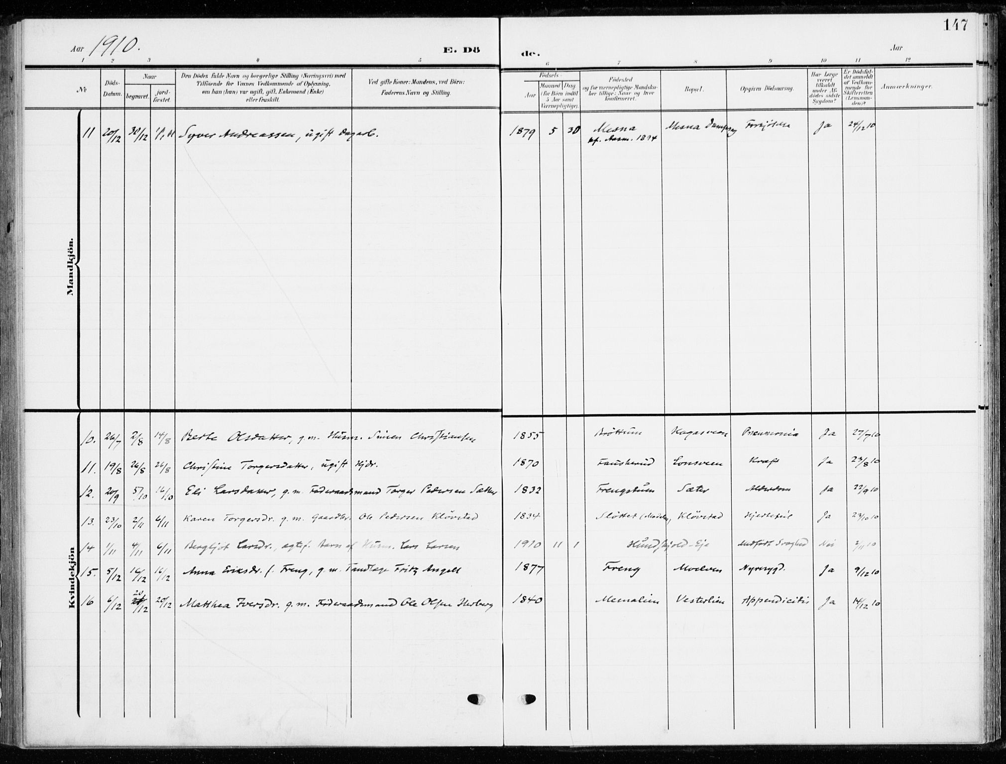 Ringsaker prestekontor, SAH/PREST-014/K/Ka/L0021: Ministerialbok nr. 21, 1905-1920, s. 147