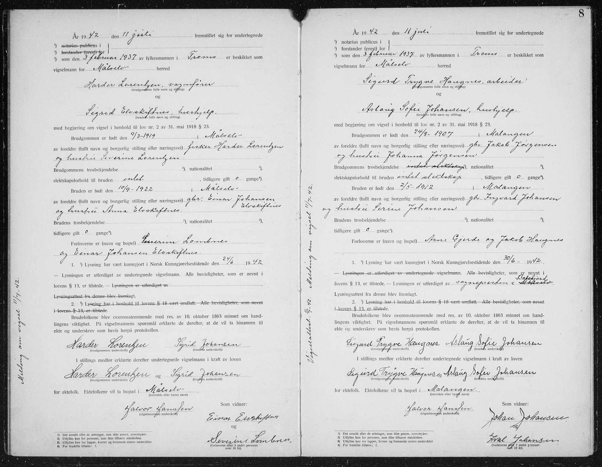Målselv sokneprestembete, AV/SATØ-S-1311/I/Ie/L0046: Vigselsbok (dissentere) nr. 46, 1919-1942, s. 8