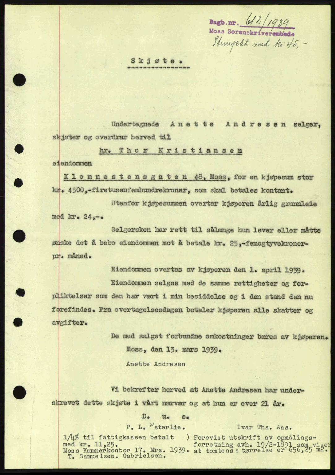 Moss sorenskriveri, SAO/A-10168: Pantebok nr. A5, 1938-1939, Dagboknr: 612/1939