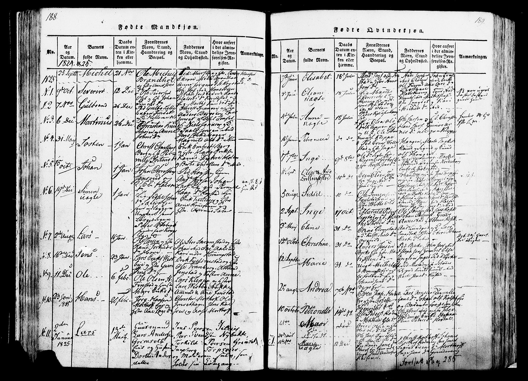 Løten prestekontor, AV/SAH-PREST-022/K/Ka/L0005: Ministerialbok nr. 5, 1814-1832, s. 188-189